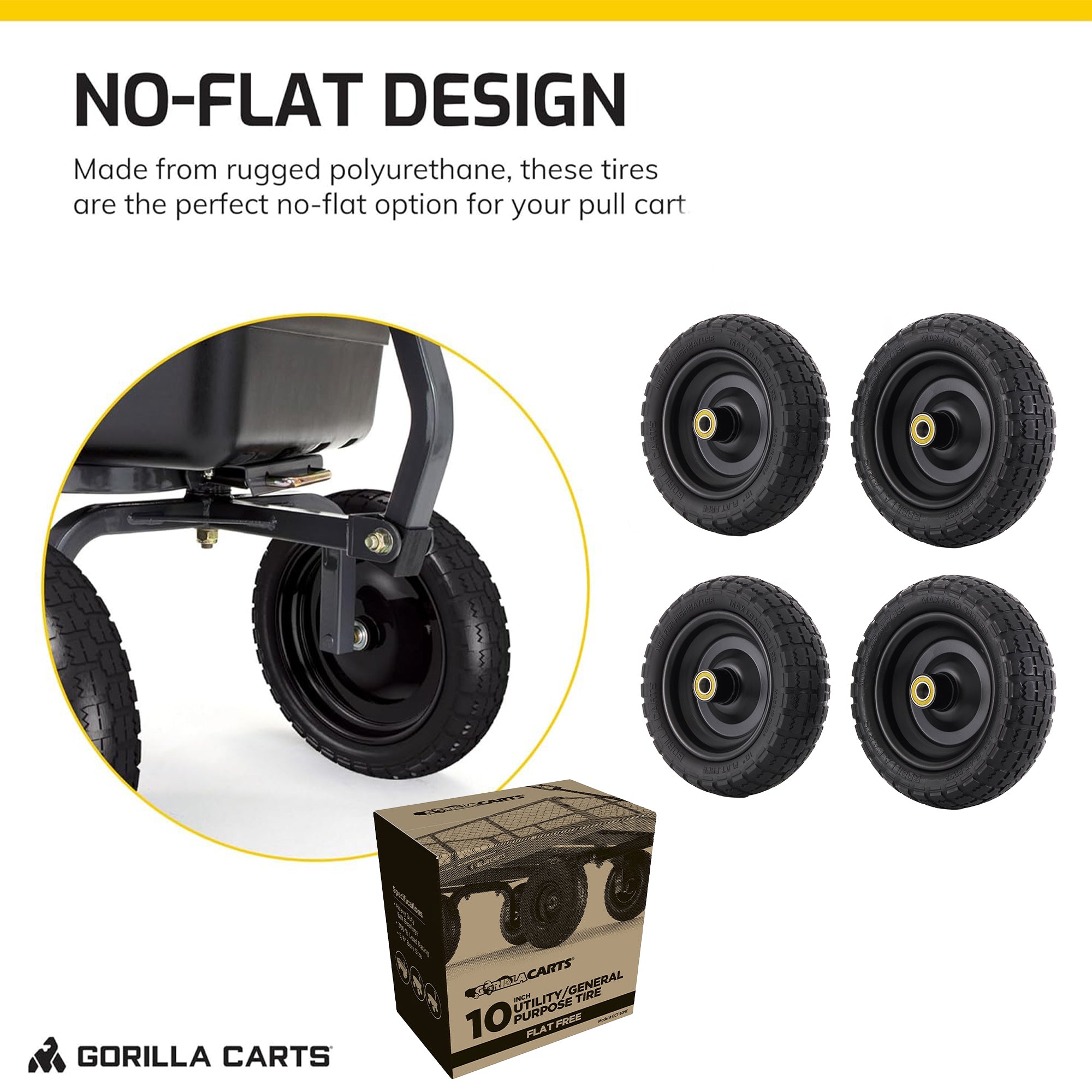 Gorilla Carts GCT-10NF 10 Inch No Flat Replacement Tire for Utility Cart, 4 Pack - VMInnovations