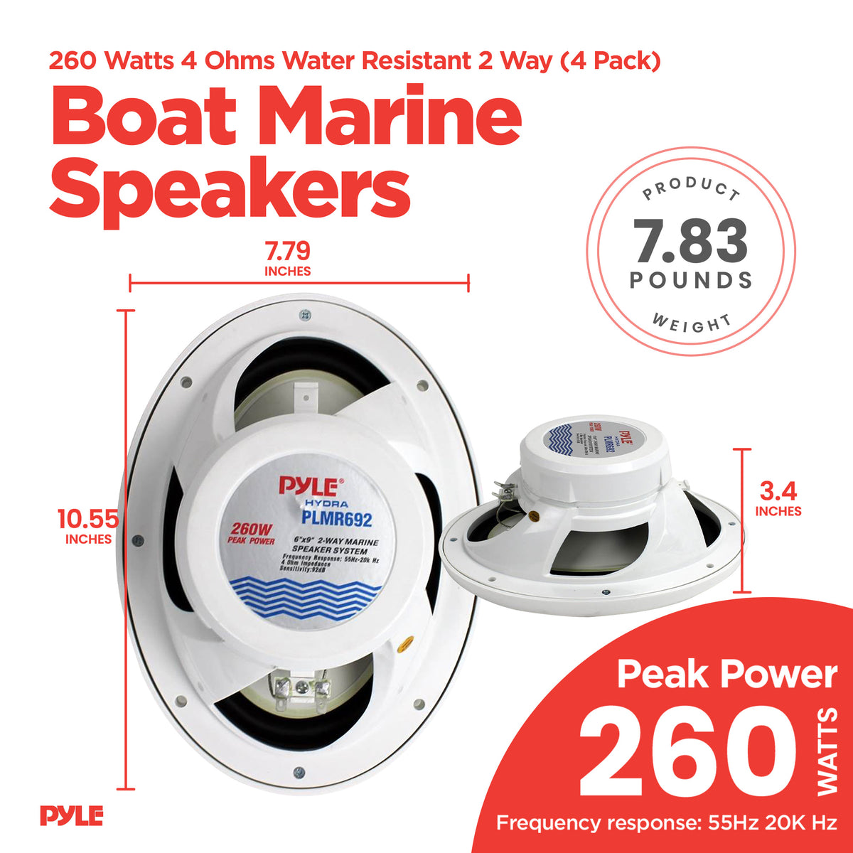 Pyle 260 Watts 4 Ohms Water Resistant 2 Way Boat Marine Speakers, White, 4 Pack