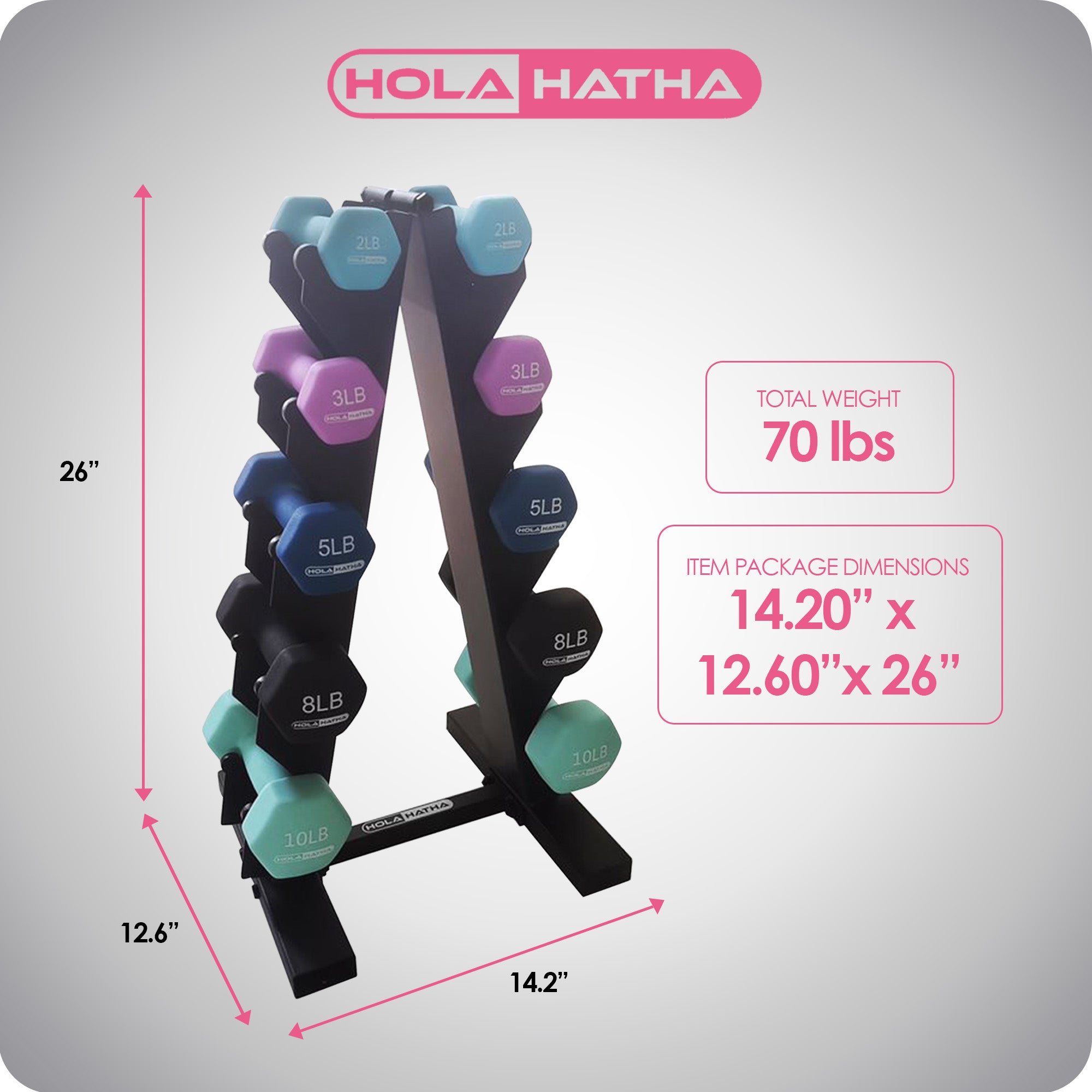 HolaHatha 2, 3, 5, 8, 10 Lb Neoprene Dumbbell Free Weight Set w/ Rack (Open Box) - VMInnovations