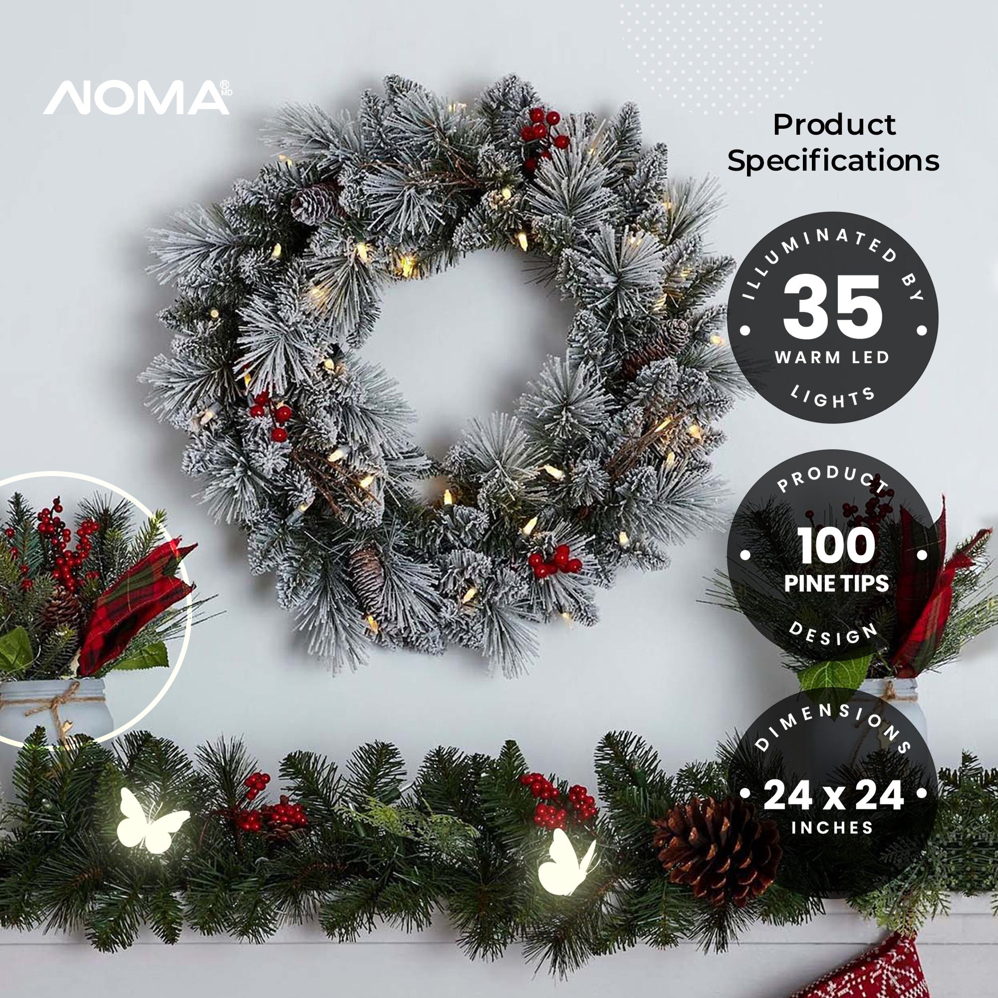 NOMA 24" Pre-Lit LED Flocked Berry Christmas Wreath with 35 Warm White Lights - VMInnovations