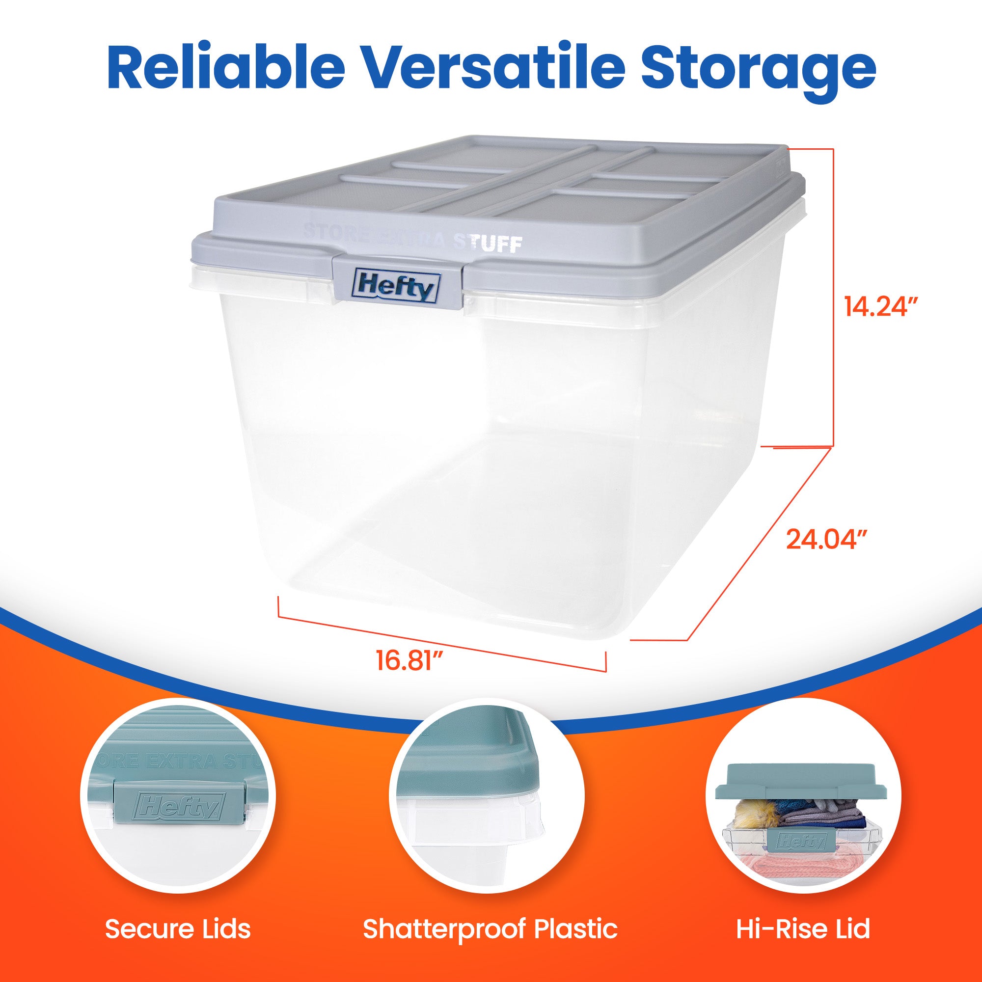 Hefty 72 Qt Hi-Rise Stackable Plastic Storage Bin with Lid, Gray 6pk (Open Box) - VMInnovations