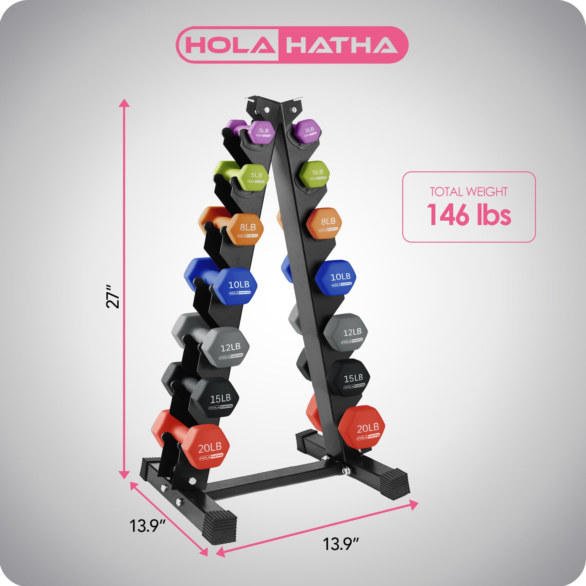 HolaHatha 146 Pound Neoprene Dumbbell Full Body Weight Set with Storage Rack - VMInnovations