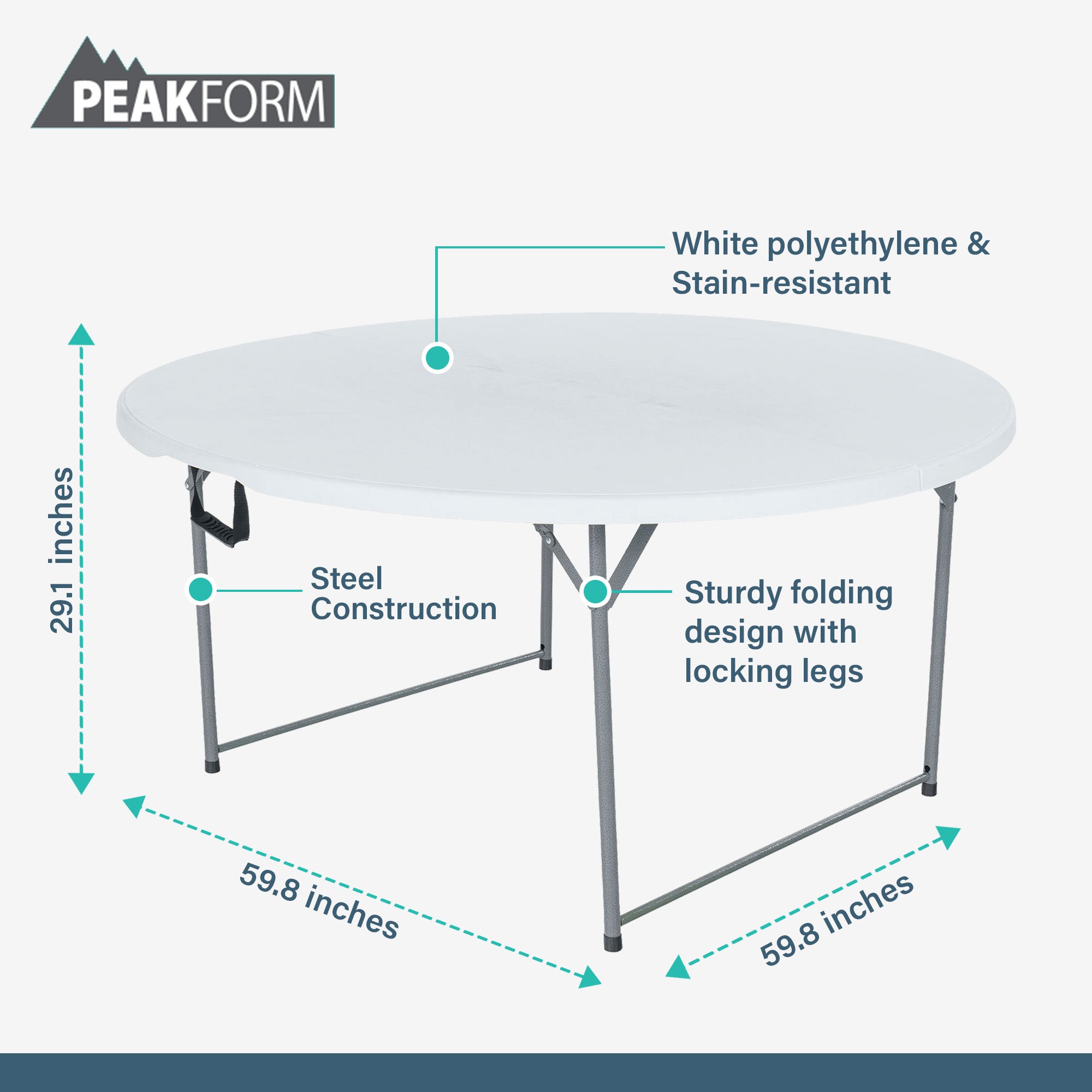 Peakform Round Folding Table for Indoor or Outdoor Use, 60", White (Open Box) - VMInnovations