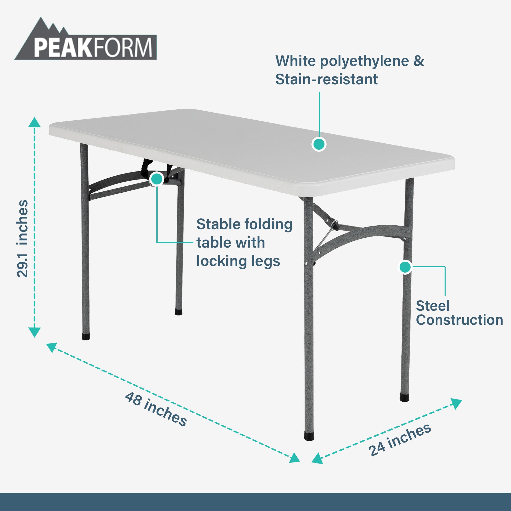 Peakform Compact Indoor or Outdoor Folding Banquet Table, 4 Foot, White - VMInnovations