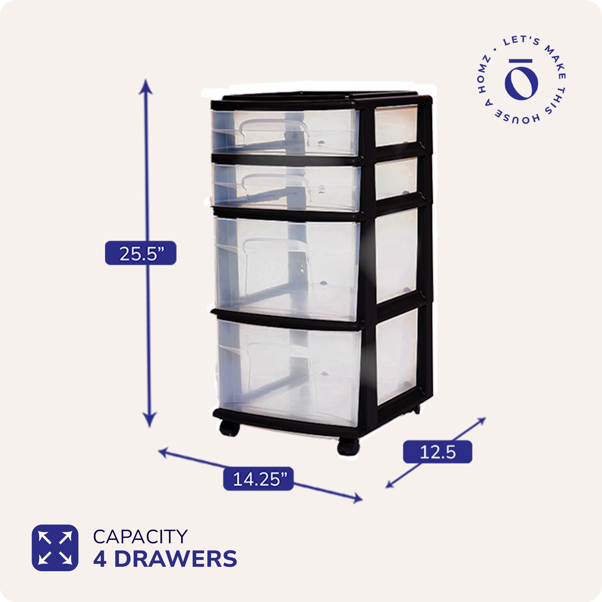 Homz Plastic Clear 4 Drawer Medium Home Storage Container Black Frame(Open Box)