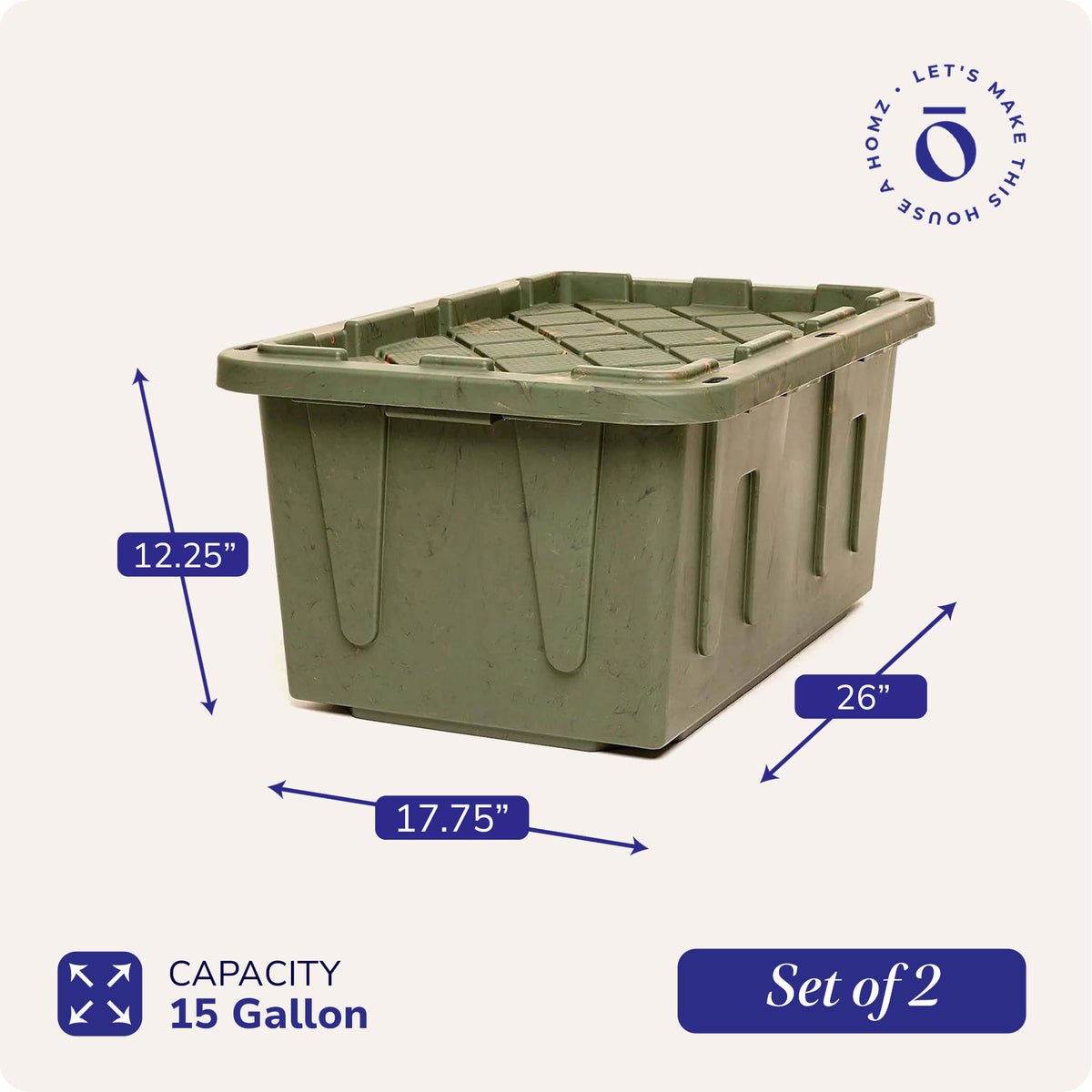 Homz 15 Gallon Durabilt Home Storage Container with Snap Lid, Green (2 Pack)