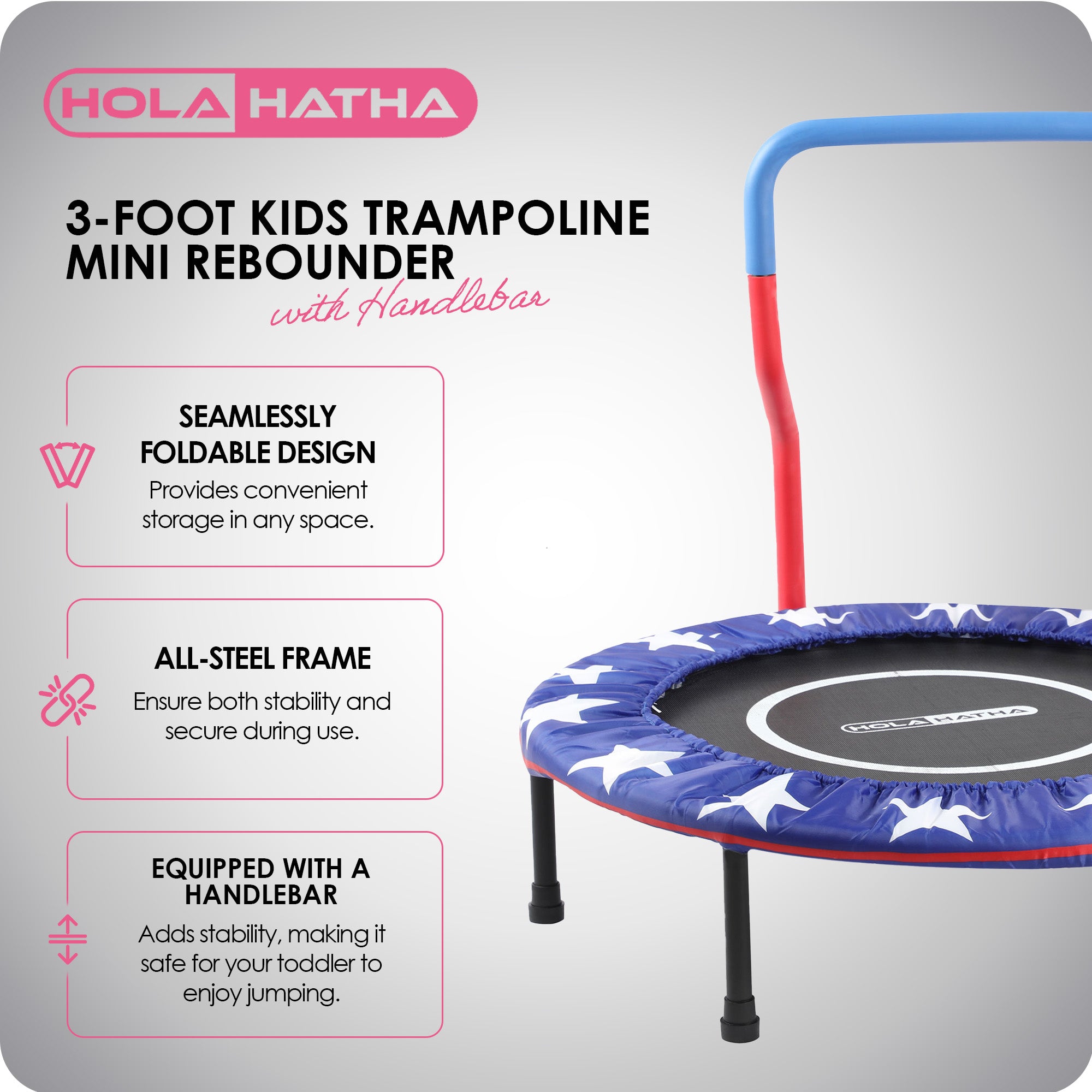 HolaHatha Kids Trampoline with Handle, Mini Indoor/Outdoor Rebounder, 3 Foot - VMInnovations
