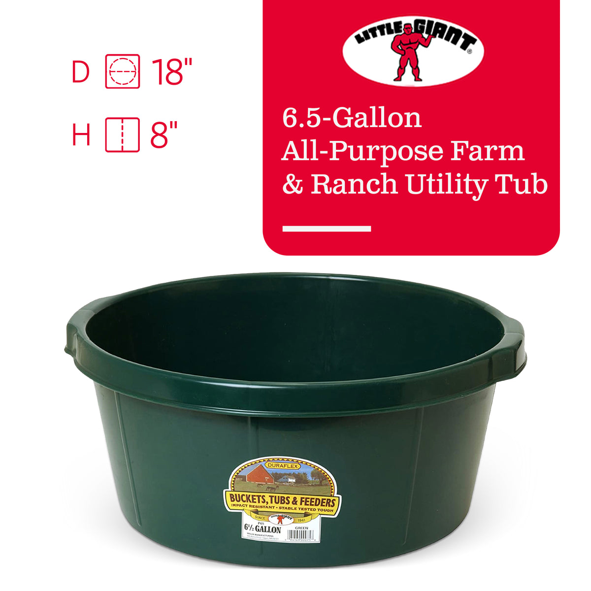 Little Giant 6.5 Gallon Plastic All Purpose Farm and Ranch Utility Tub, Green - VMInnovations
