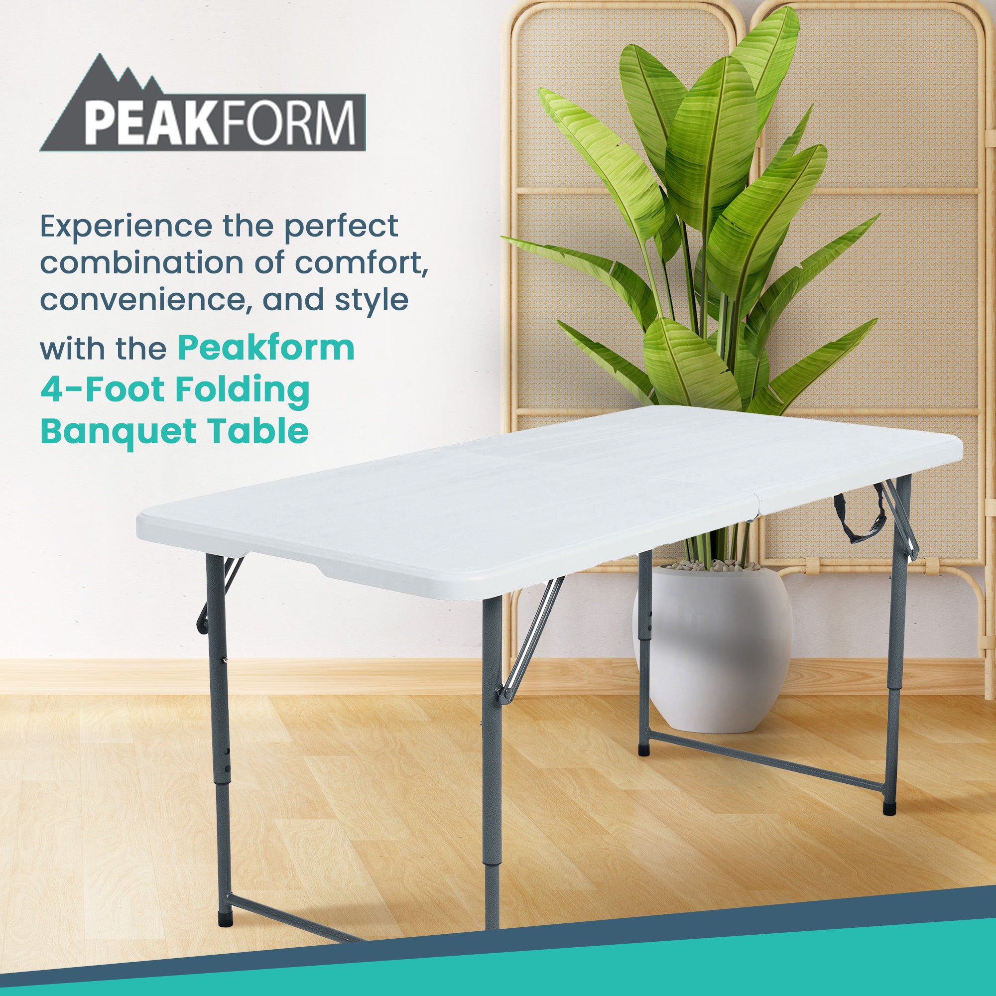 Peakform Compact Fold In Half Banquet Table for Indoor Outdoor Use, 4 Ft, White - VMInnovations