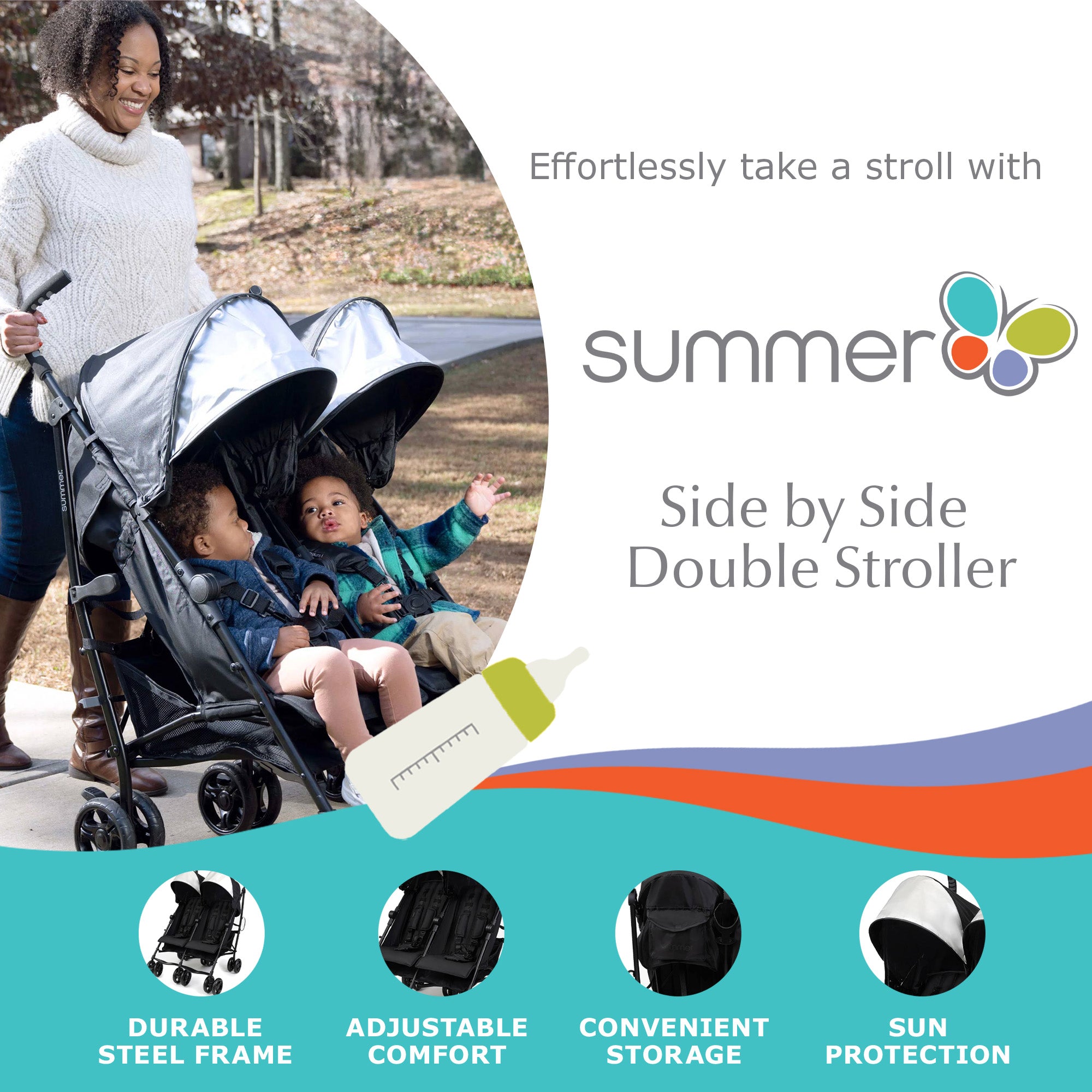 Summer Infant 3Dlite Side by Side Double Stroller for Infants & Toddlers, Black - VMInnovations