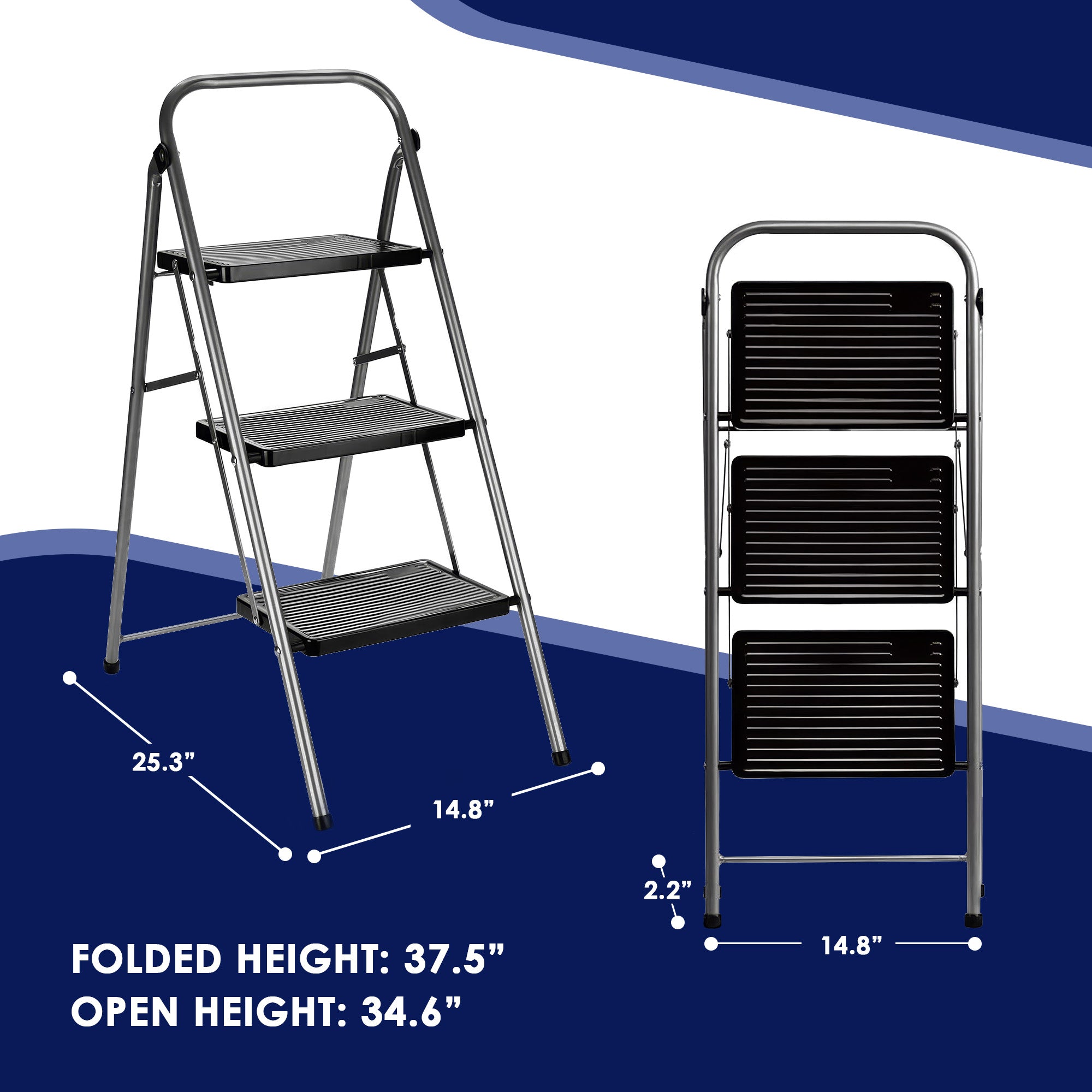 Delxo Folding Portable Steel Non Slip 3 Step Stool w/ Hand Grip, Gray (Used) - VMInnovations
