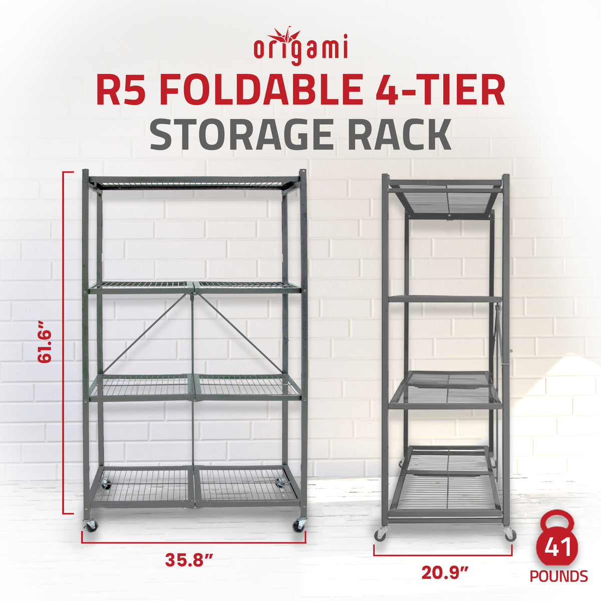 Origami 4 Tier Heavy Duty Folding Storage Rack w/ Wheels, Gray (Open Box) - VMInnovations