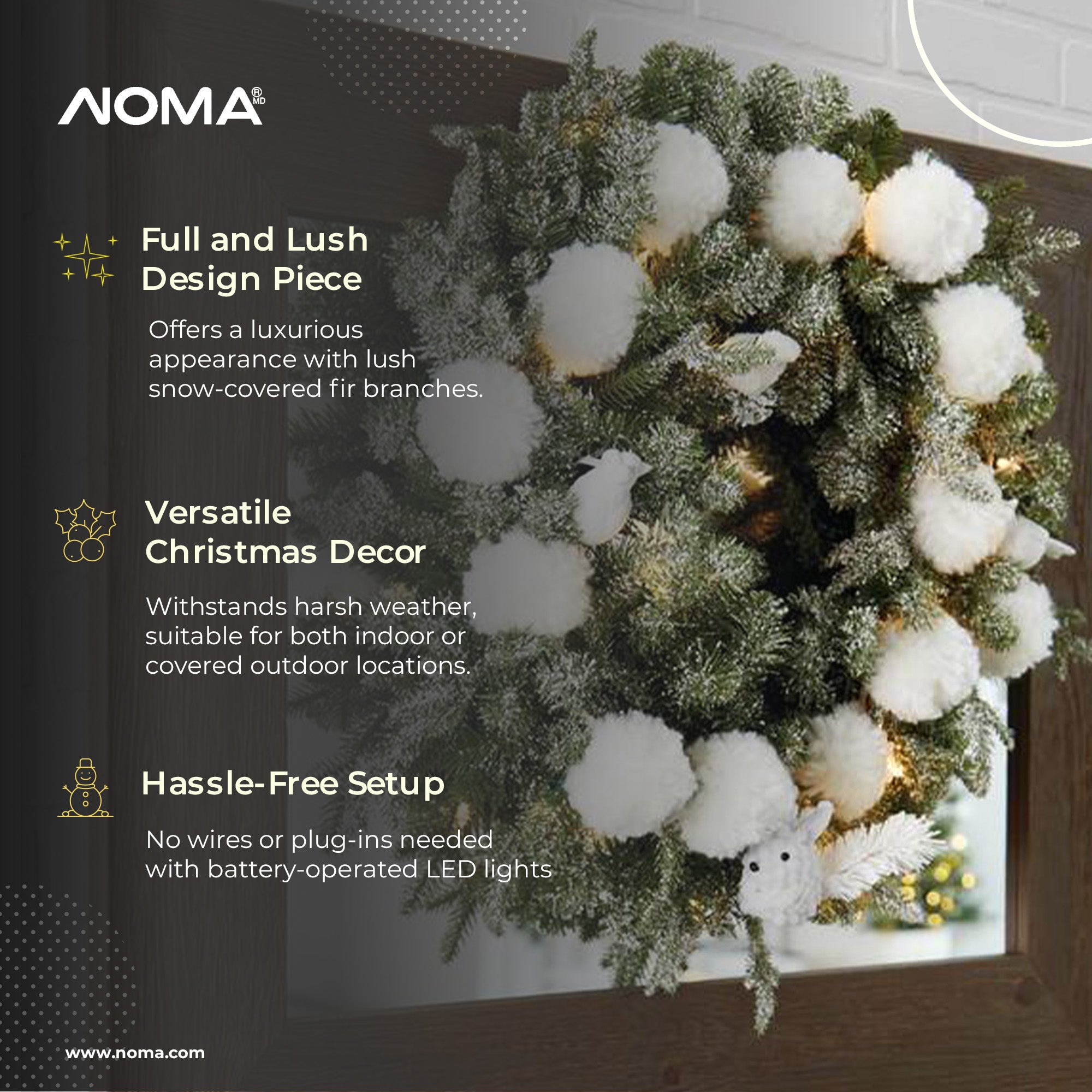 NOMA 24" Pre-Lit Flocked Frosted Fir Christmas Wreath with 25 Warm White Lights - VMInnovations