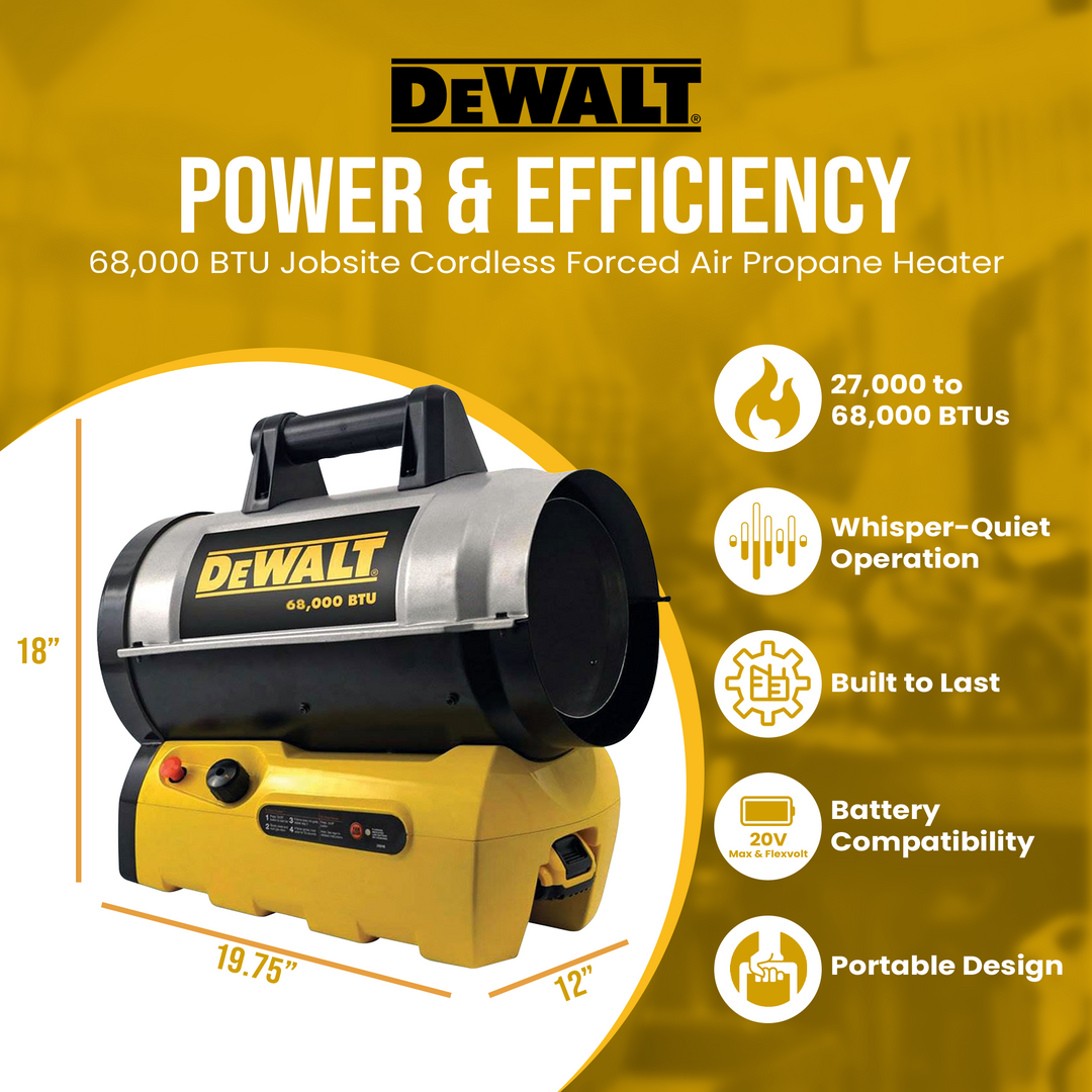 DeWalt F340661 68,000 BTU Portable Jobsite Cordless Forced Air Propane Heater - VMInnovations