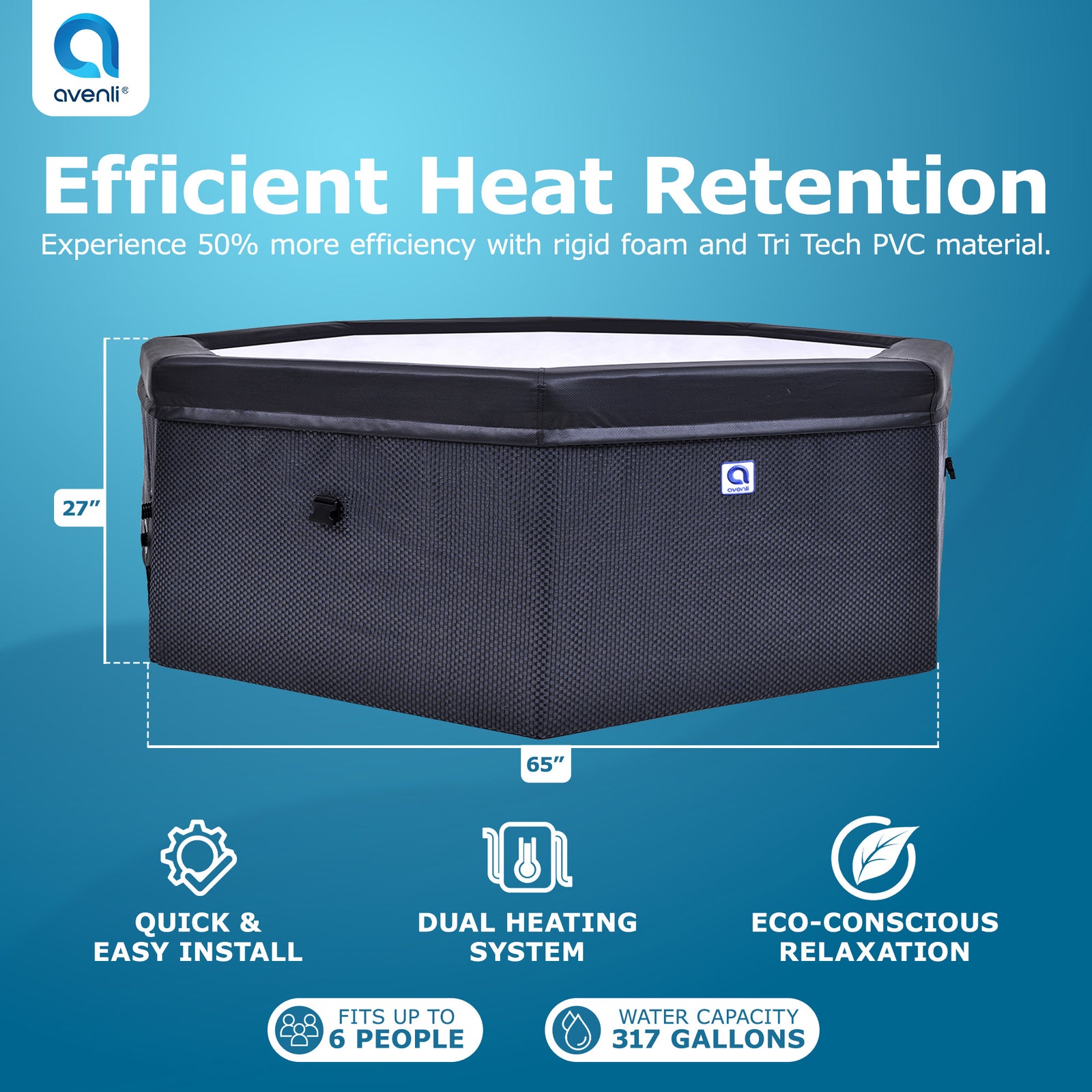 JLeisure Aegean 1,200 Liter 65 inch 6 Person Rigid Foam Wall Hot Tub Spa, Black - VMInnovations