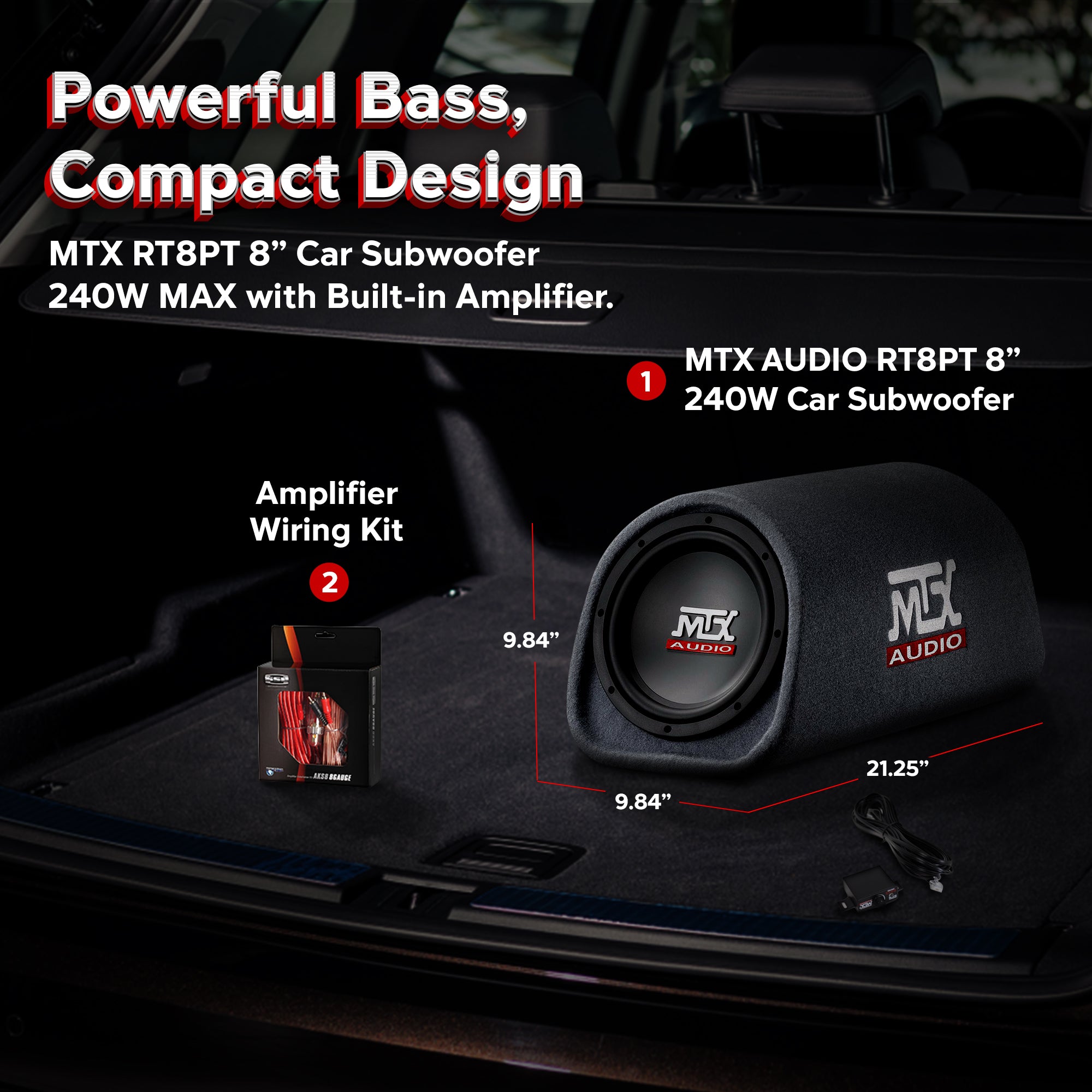 MTX AUDIO RT8PT 8" 240W Car Subwoofer & Soundstorm AKS8 8 Gauge Amp Wiring Kit - VMInnovations
