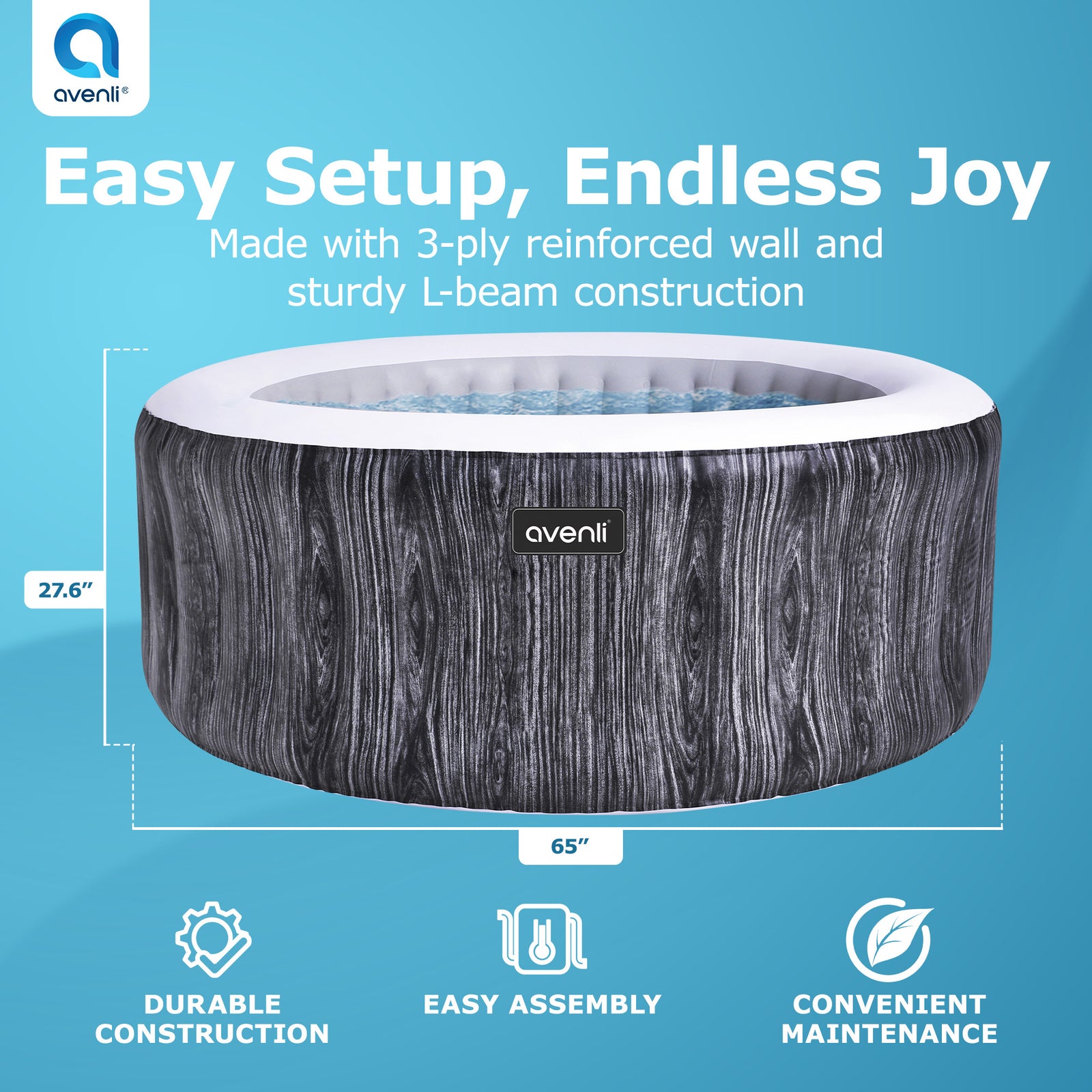 JLeisure Greywood 65 Inch 3 Person Inflatable Round Outdoor Hot Tub Spa, Gray - VMInnovations