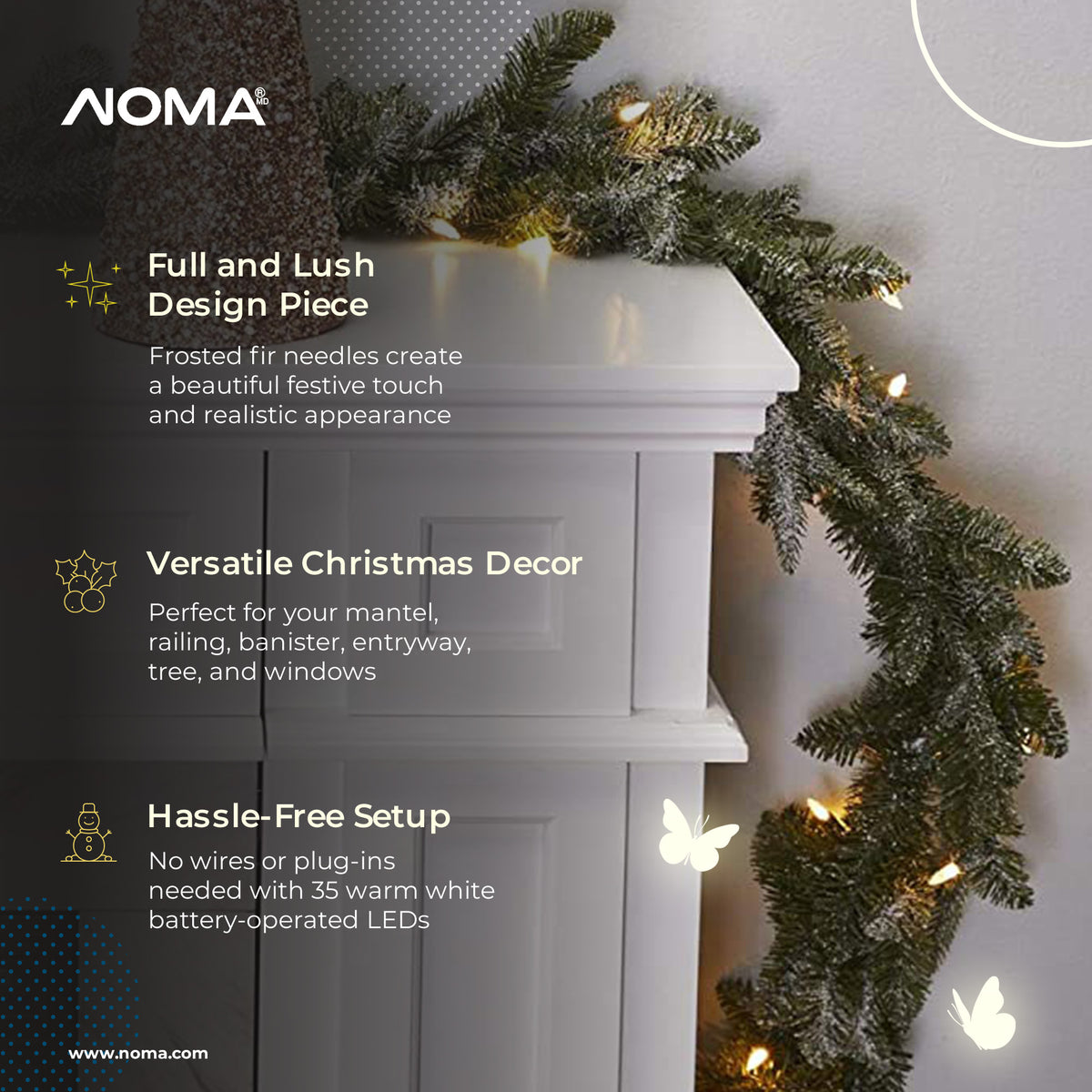 NOMA 9' Pre-Lit Flocked Frosted Fir Garland w/35 Warm White Lights(Open Box)
