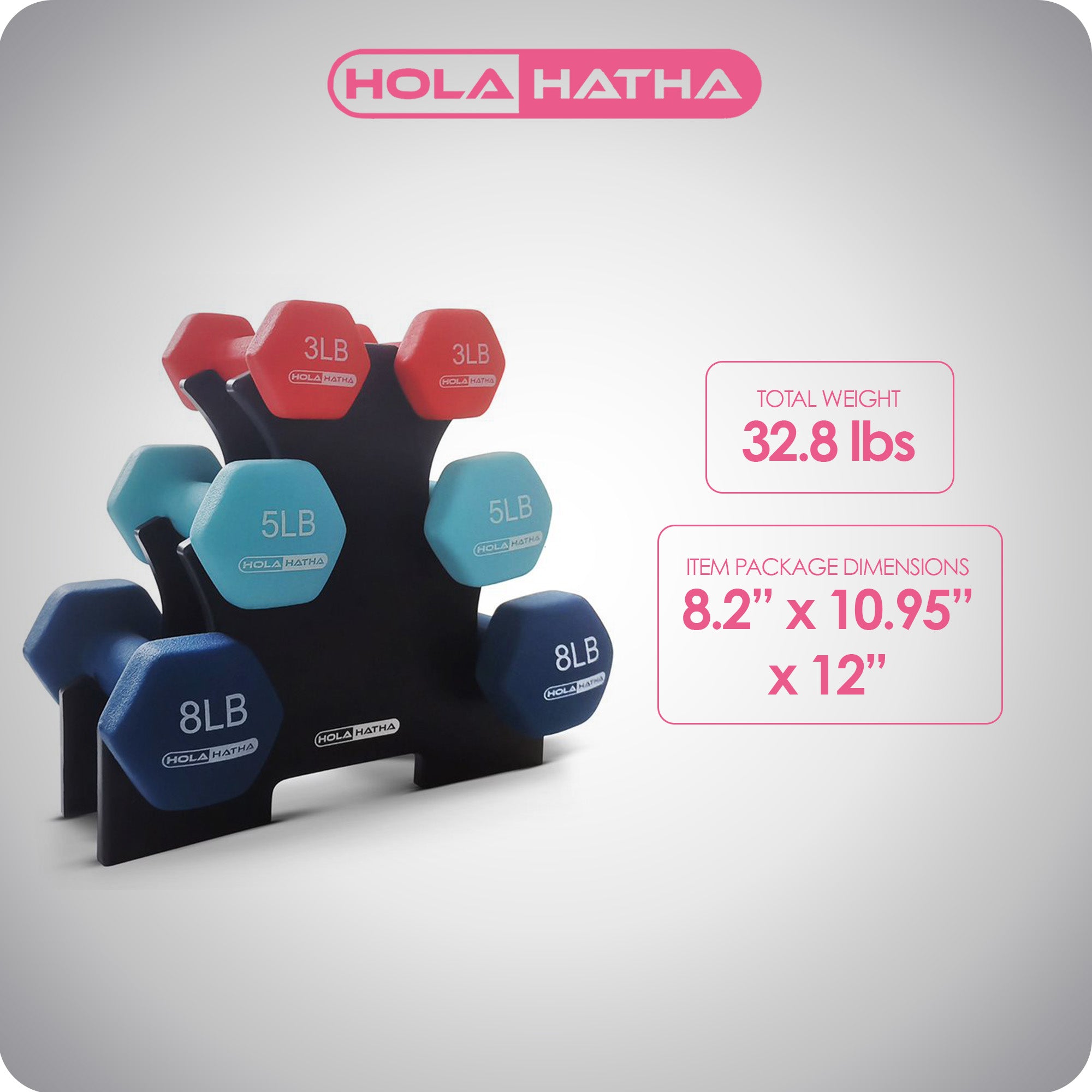 HolaHatha Dumbbell Weight Set w/ 3, 5 & 8 LB Hand Weights & Storage Rack (Used) - VMInnovations