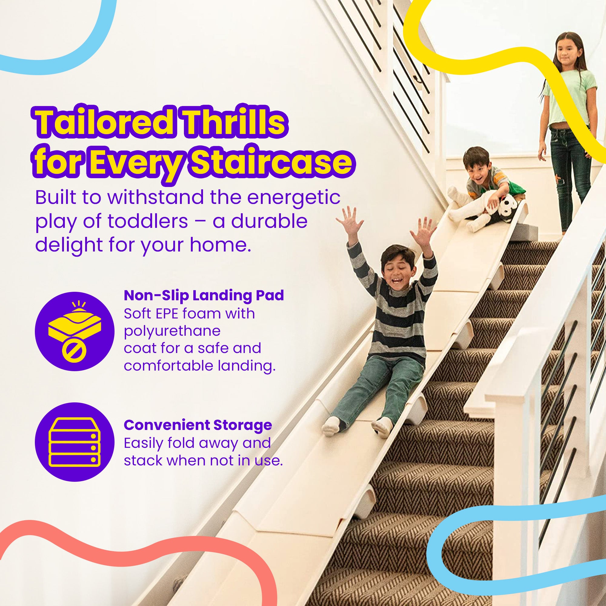 Stairslide Set of 4 Stair Mounted Kids Indoor Slide & Non-Slip Foam Landing Pad - VMInnovations