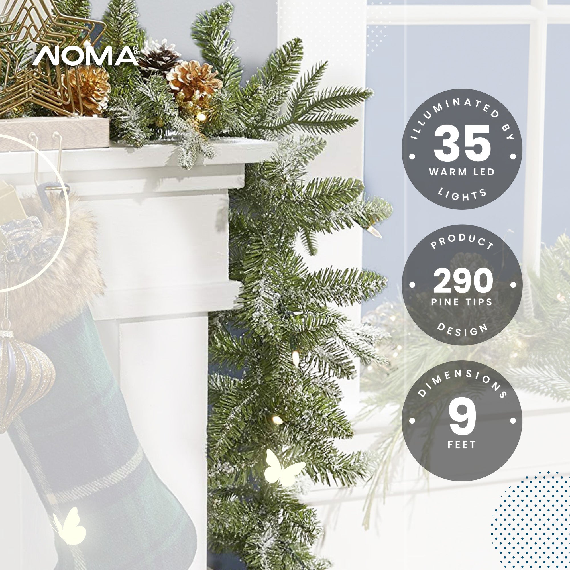 Noma Frosted Fir 9 Foot Pre Lit Garland Holiday Mantle Decor (Open Box) (2 Pack)