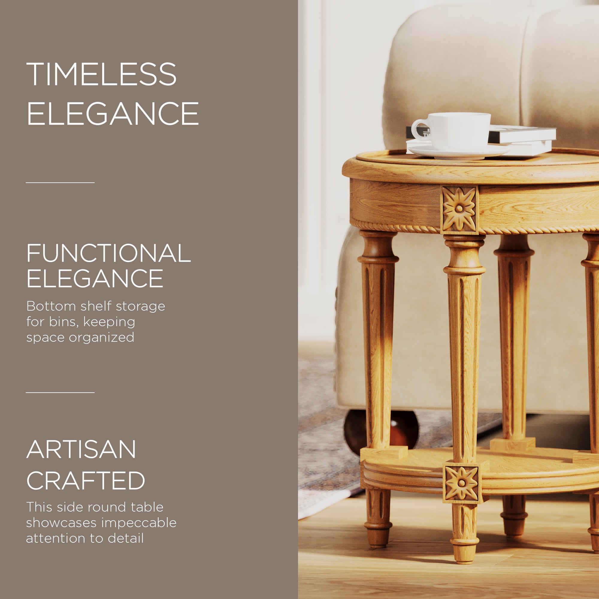 Maven Lane Pullman Traditional Round Wooden Side Table, Antiqued Natural Finish - VMInnovations