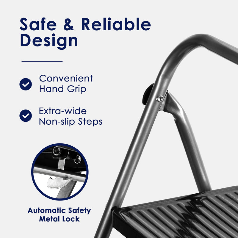 Delxo Folding Portable Alloy Steel 3 Step Stool Stepladder w/ Hand Grip, Gray