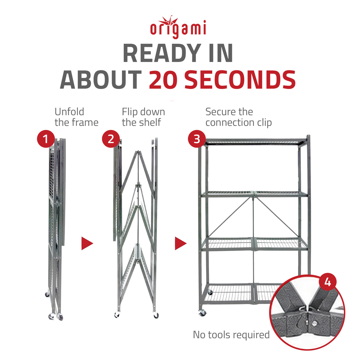 Origami 4 Tier Heavy Duty Folding Storage Rack w/ Wheels, Gray (Open Box) - VMInnovations