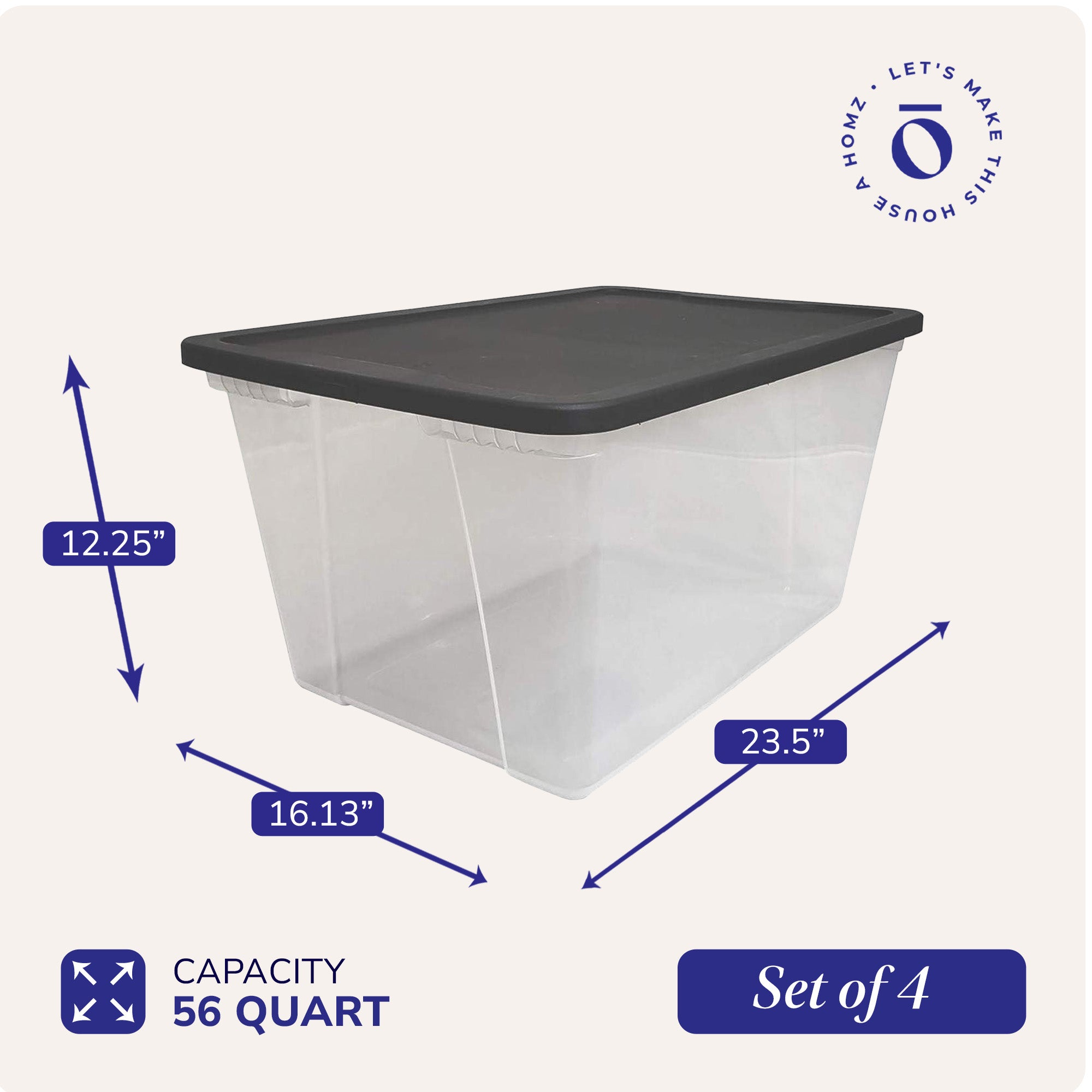 Homz 56 Qt Stackable Plastic Storage Container w/Snaplock Lid, Gray (4 Pack)