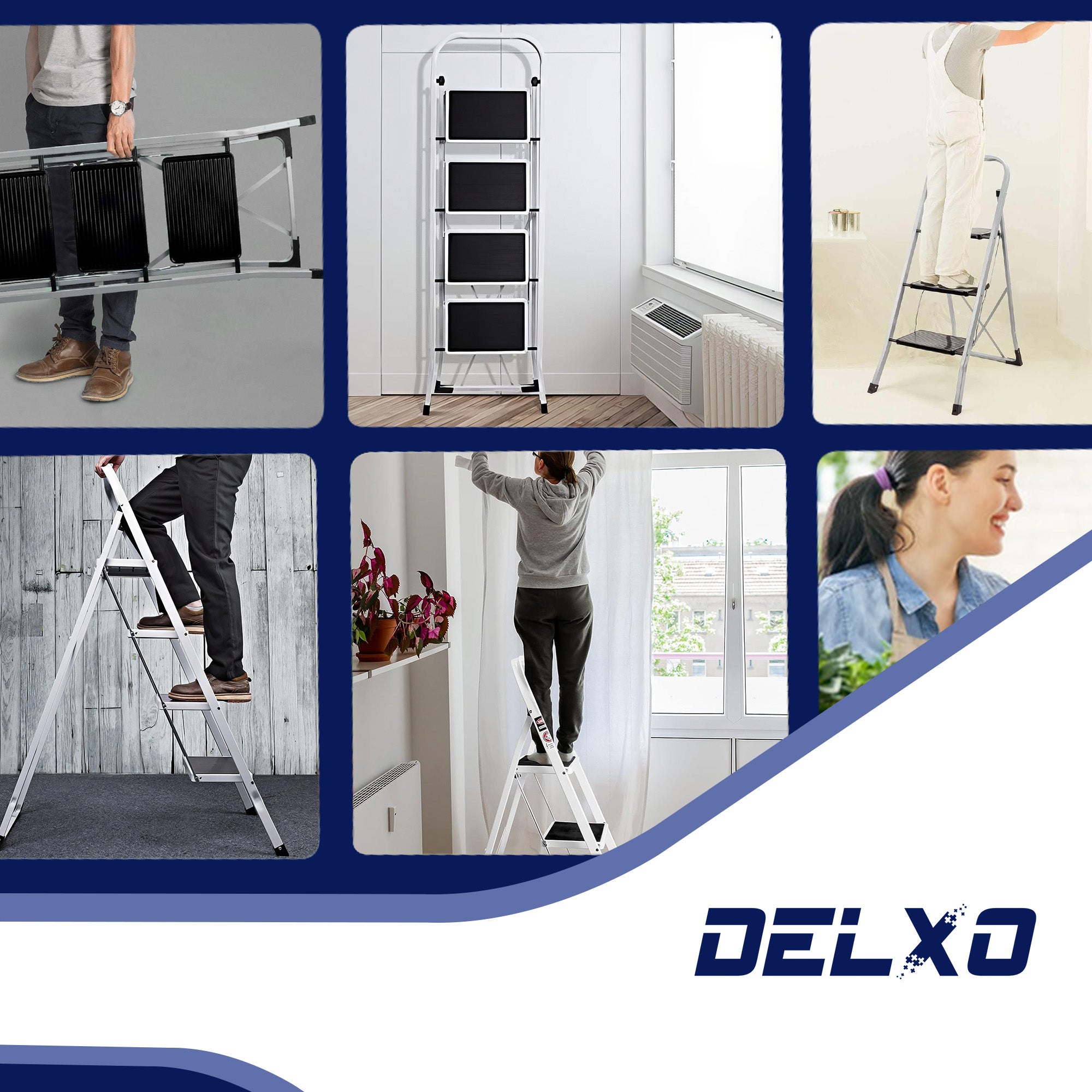 Delxo Steel Non-Slip Folding 4 Step Ladder with Hand Grip, White (Open Box) - VMInnovations