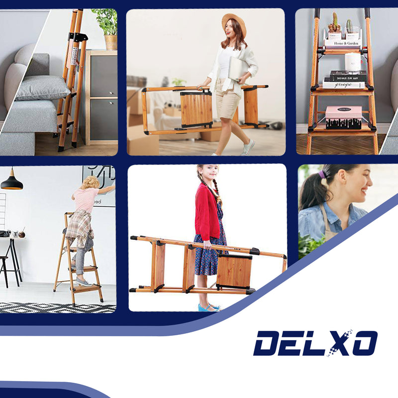 Delxo Aluminum Folding 3 Step Stool Stepladder w/Long Handrail, Woodgrain Finish