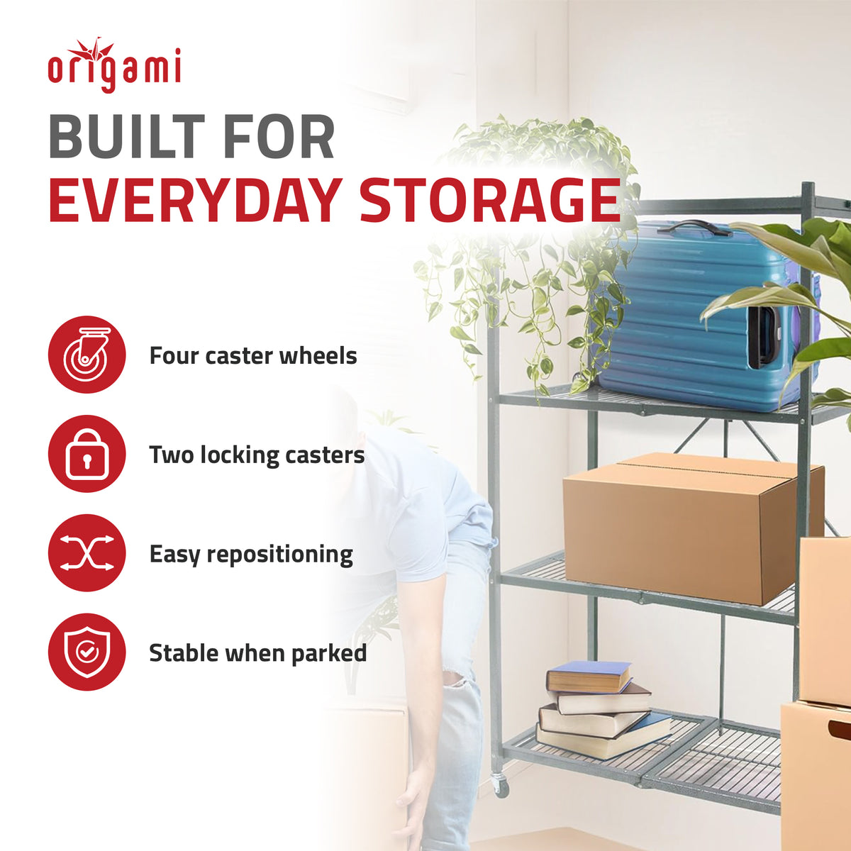 Origami 4 Tier Multipurpose Folding Storage Organizing Rack with Wheels, Gray