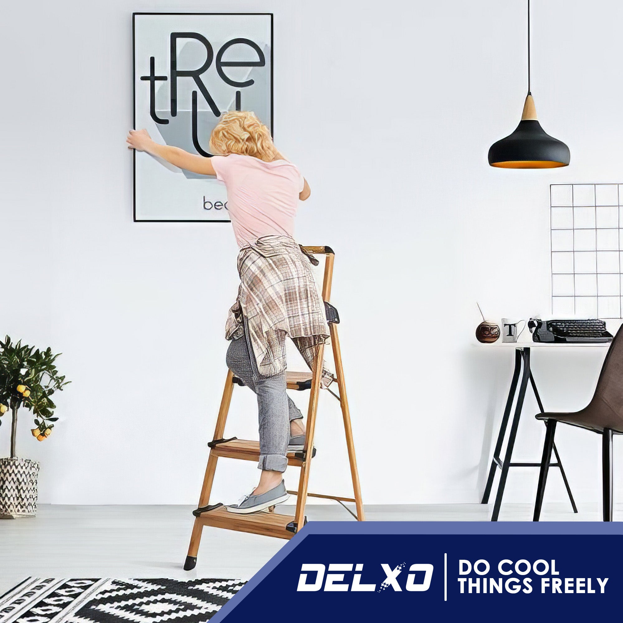 Delxo Folding 3 Step Stool Stepladder w/Long Handrail, Woodgrain(Open Box) - VMInnovations