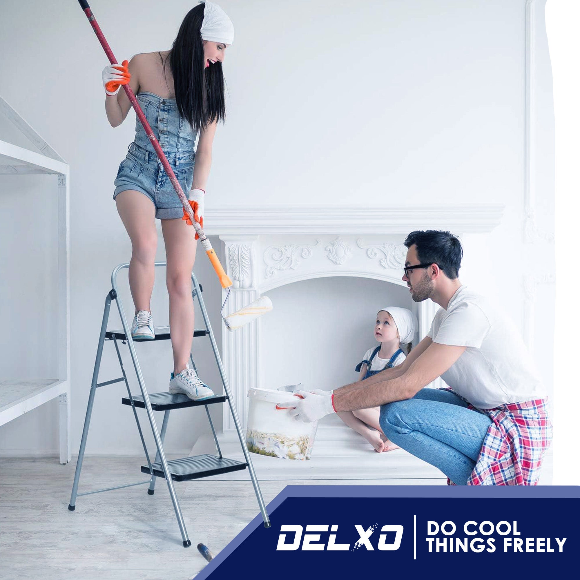 Delxo Folding Portable Steel Non Slip 3 Step Stool w/ Hand Grip, Gray (Open Box) - VMInnovations