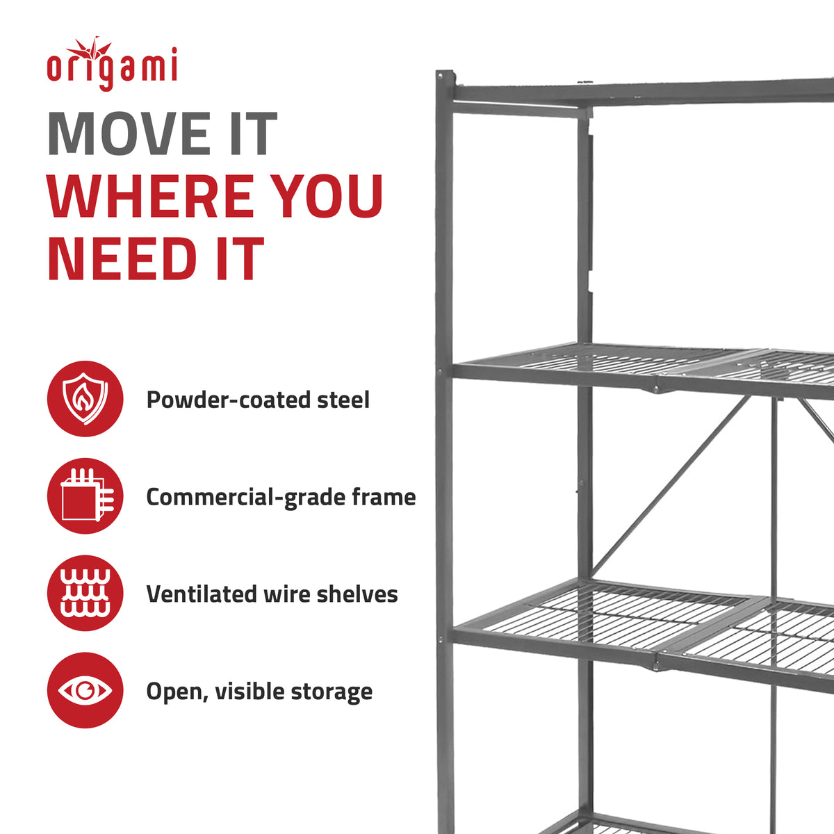Origami Wheeled 4-Shelf Folding Steel Wire Shelving (21" x 36" x 60") (Used)