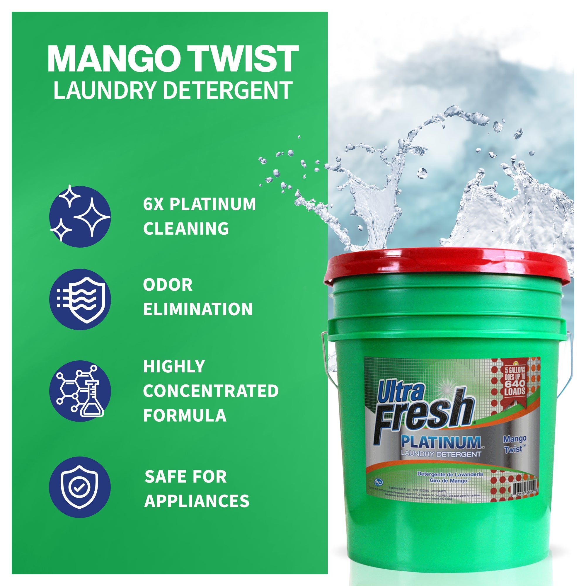 Ultra Fresh 3X Platinum Laundry Detergent, Up to 640 Loads, Mango Twist, 5 Gal - VMInnovations