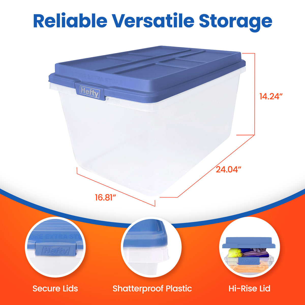 Hefty 72 Qt Hi-Rise Stackable Storage Container w/Lid, 6 Pack, Baja Blue (Used)