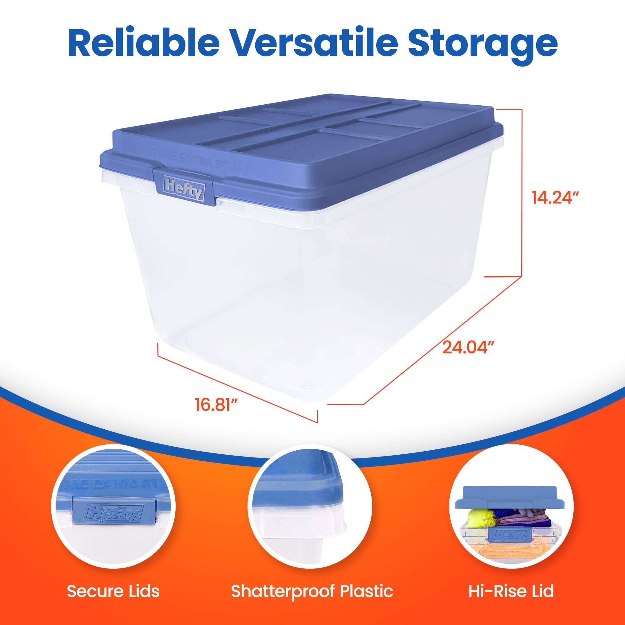 Hefty 72 Qt Hi-Rise Plastic Storage Container w/Lid, 6pk, Baja Blue (Open Box) - VMInnovations