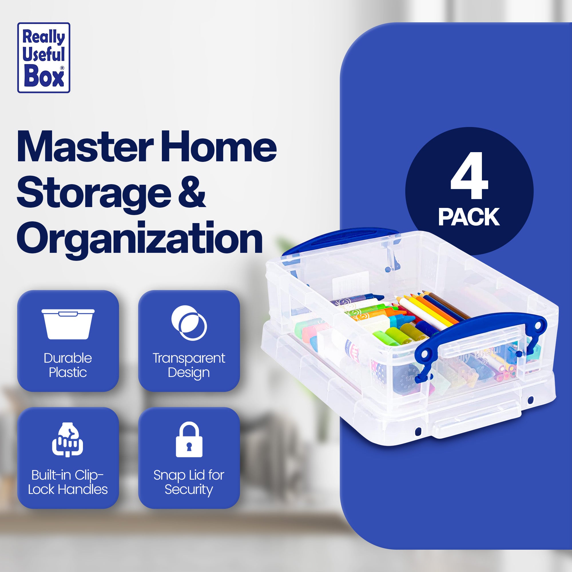 Really Useful Box 1.75L Storage Bin w/Snap Lid & Clip Lock Handle, (4 Pack)
