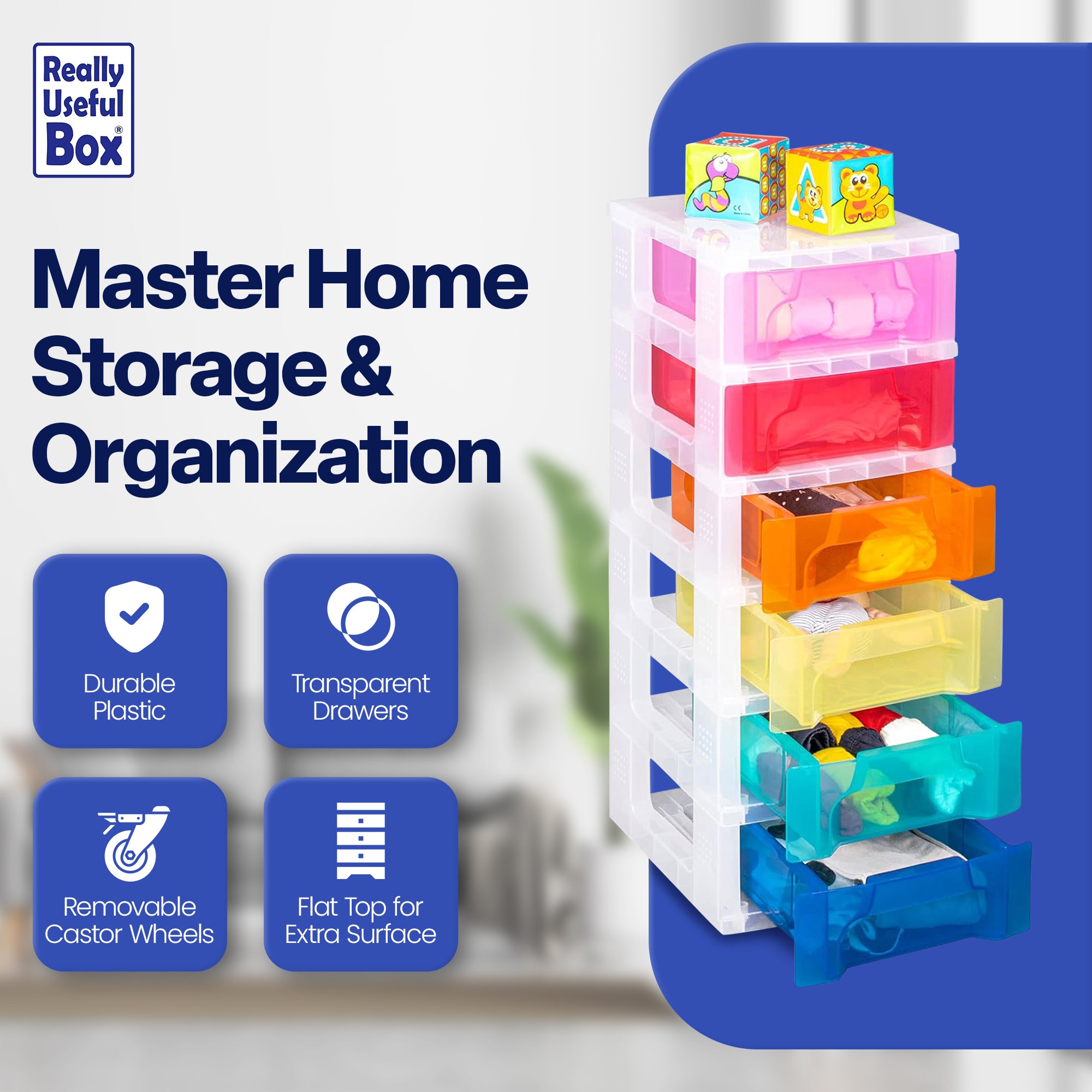 Really Useful Box Slimline 3.5 Litre Storage Tower Transparent Rainbow Drawer