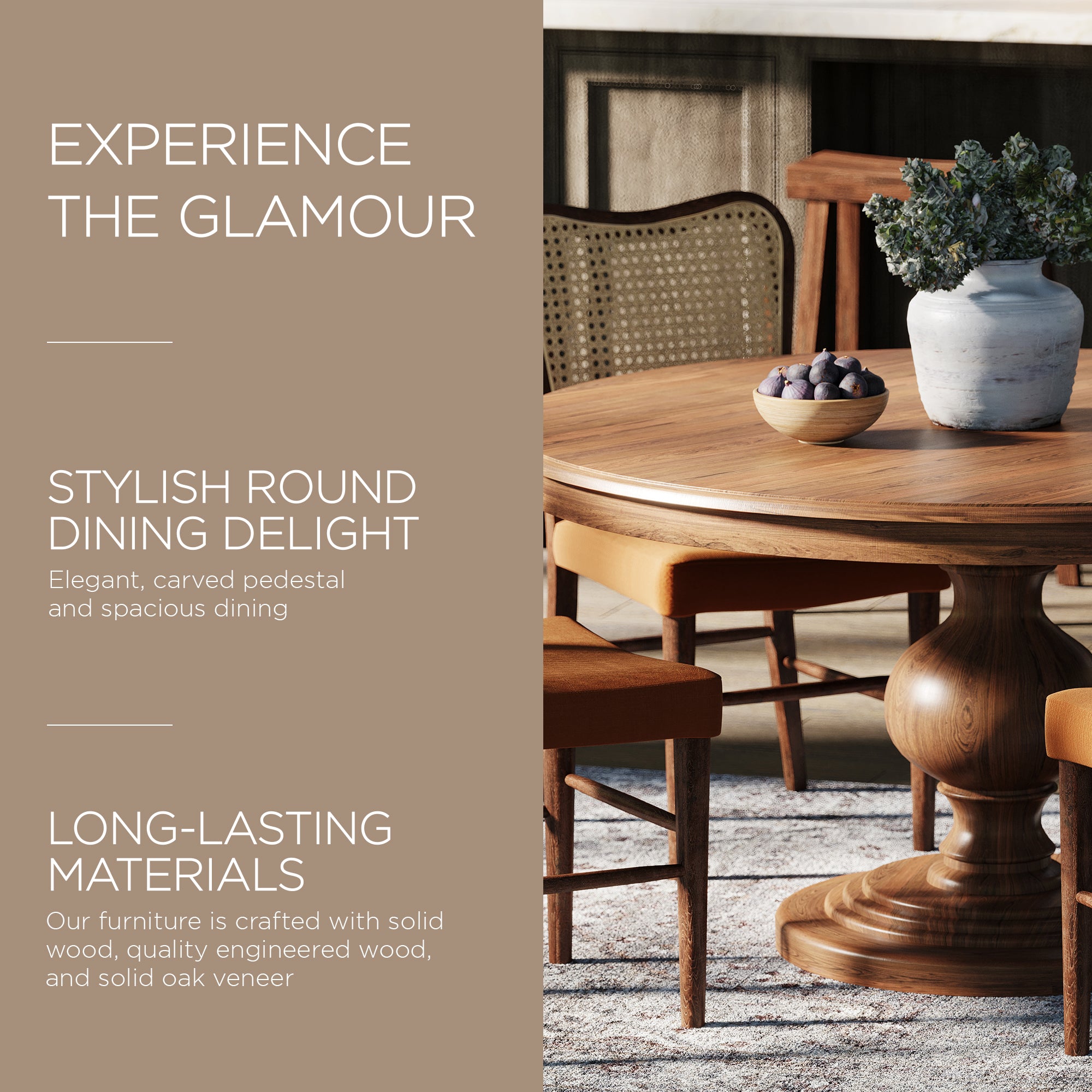 Maven Lane Zola Traditional Round Wooden Dining Table in Antiqued Brown Finish - VMInnovations