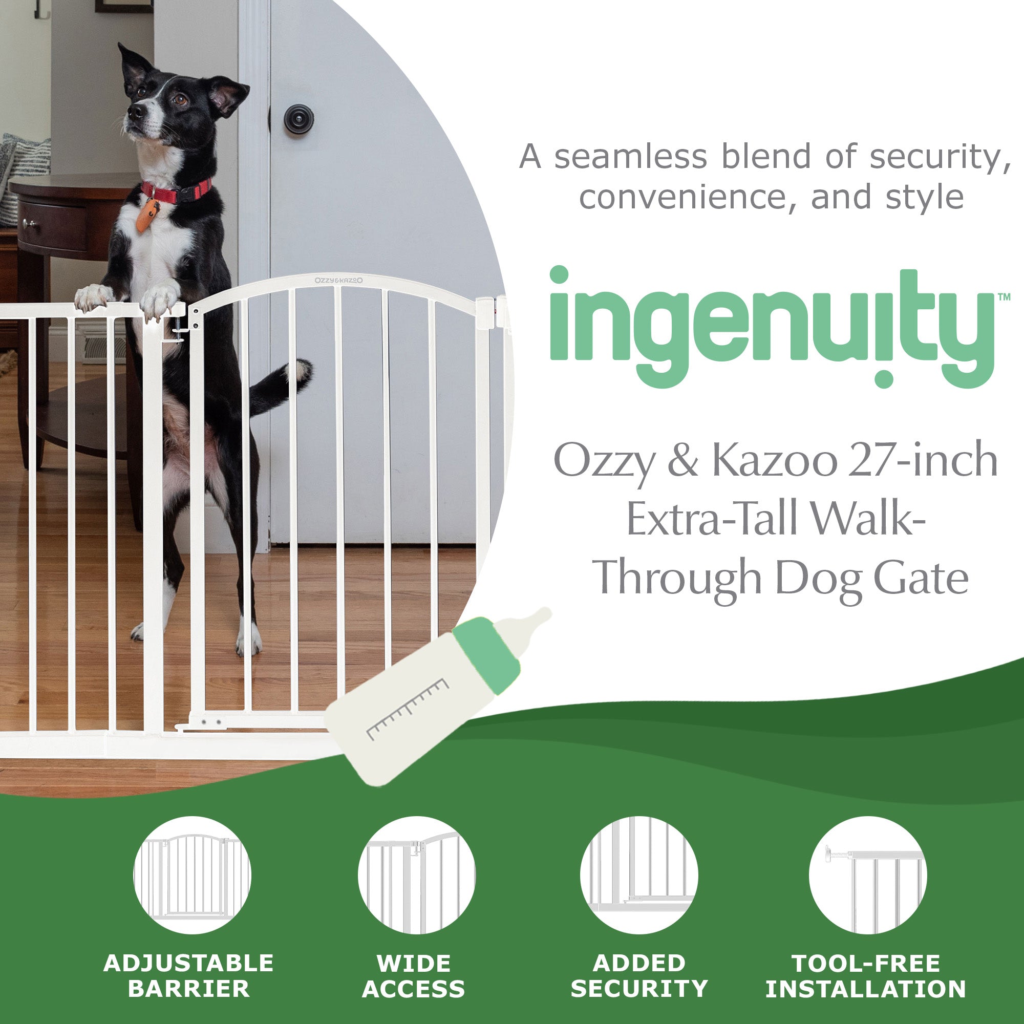 Ingenuity Ozzy & Kazoo 27” Tall Walk Through Dog Gate For Doorway or Stairway - VMInnovations
