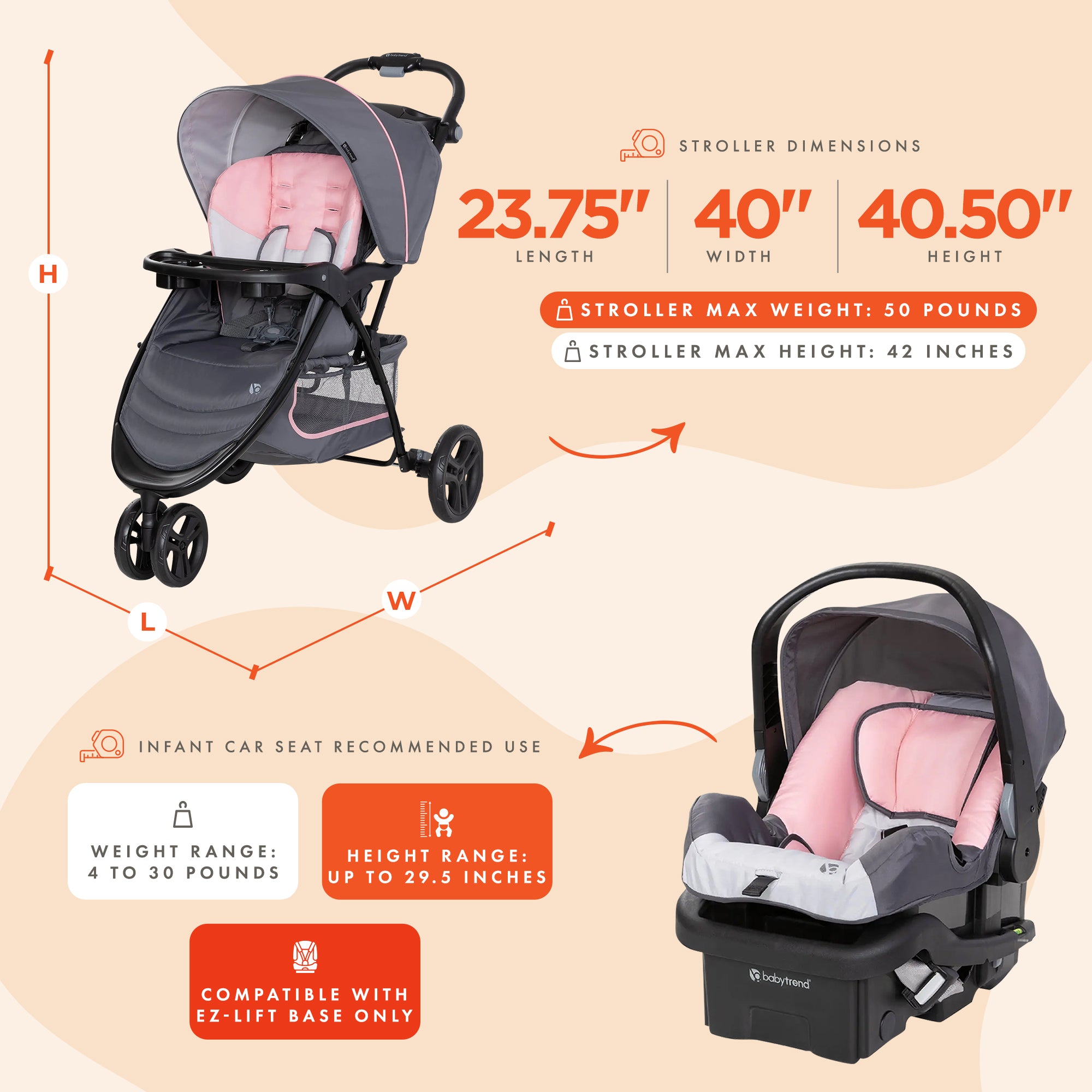 Baby Trend Stroller & EZ-Lift Infant Car Seat, EZ Ride Travel System, Dash Pink - VMInnovations