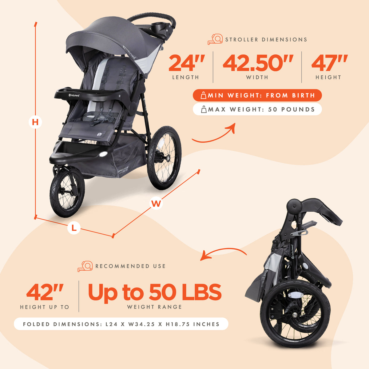 Baby Trend Zero Flat Jogger Stroller w/Canopy & LED Lights, Grey (Open Box)