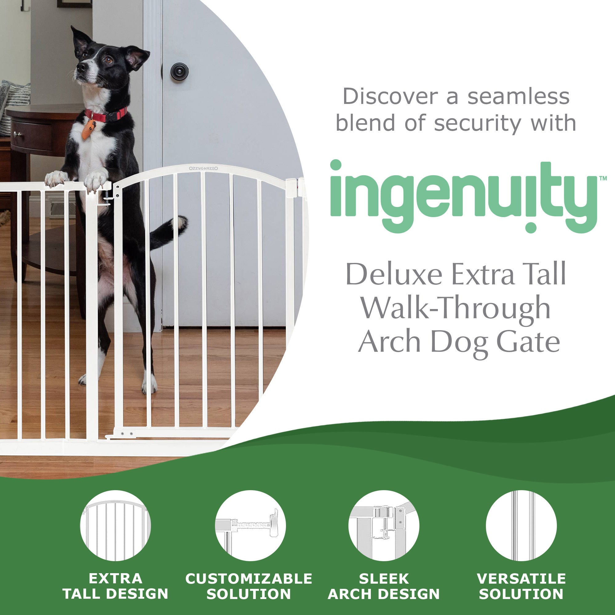 Ingenuity Deluxe Metal Extra Tall Walk Through Arch Dog Gate for Doorways, White - VMInnovations
