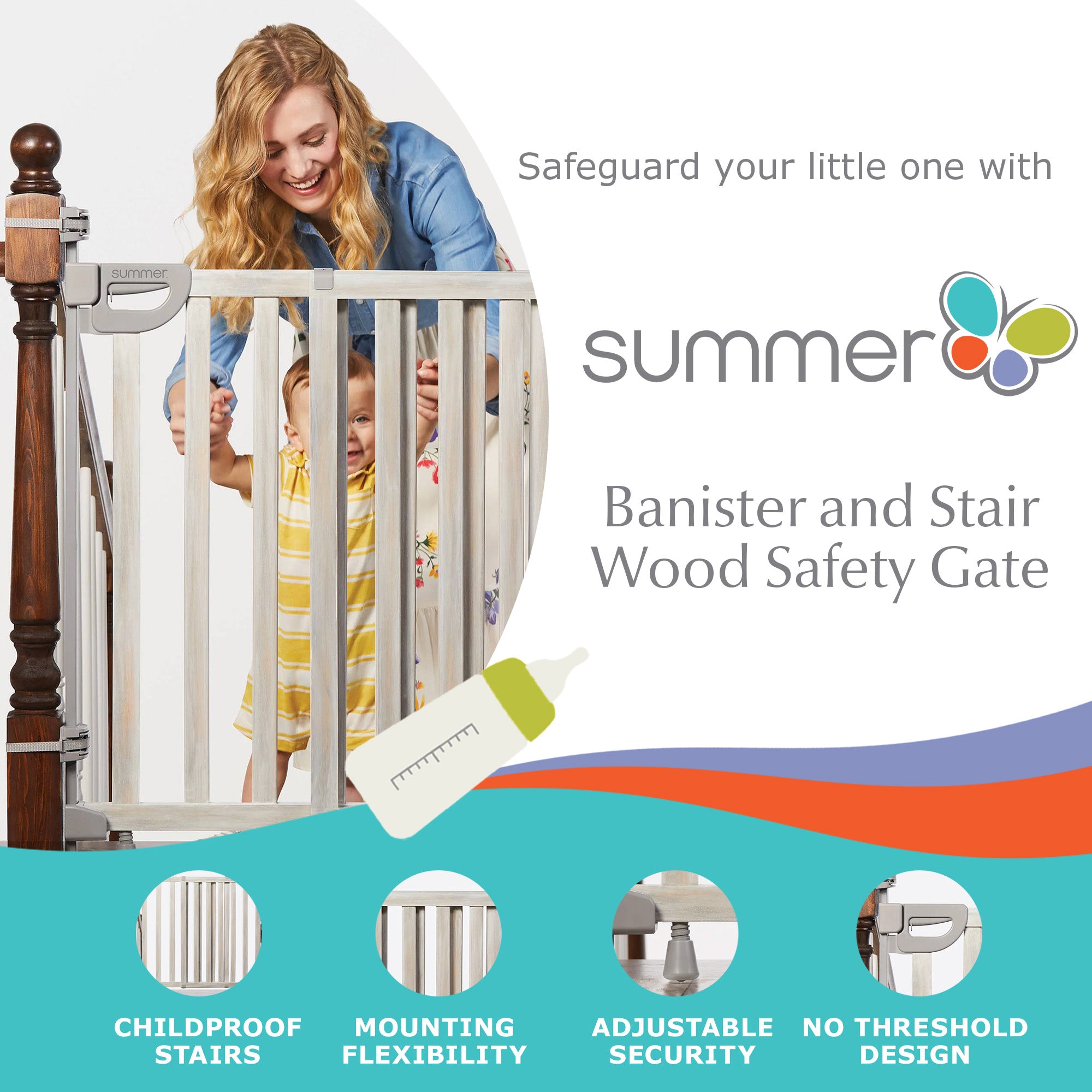 Summer Infant Banister and Stair Wood Safety Gate with Extra Wide Door Design - VMInnovations