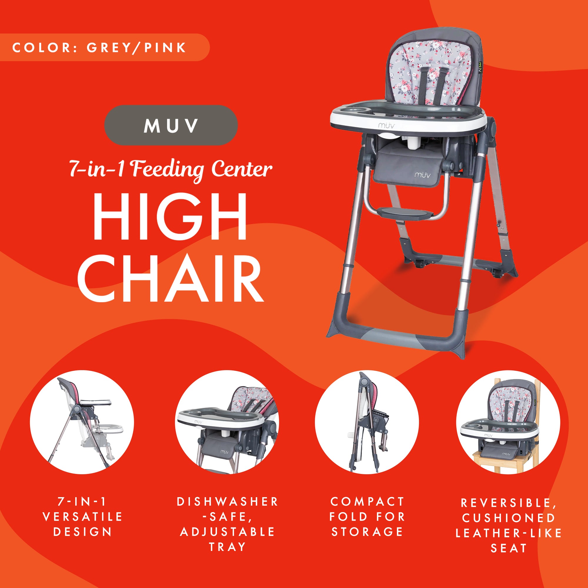 Baby Trend MUV 7-in-1 Feeding Center High Chair, Infant to Youth Seat, Grey