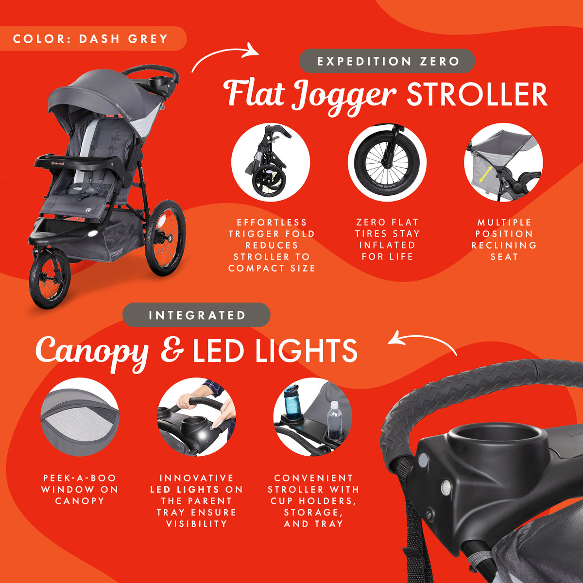 Baby Trend Zero Flat Jogger Stroller w/Canopy & LED Lights, Grey (Open Box) - VMInnovations