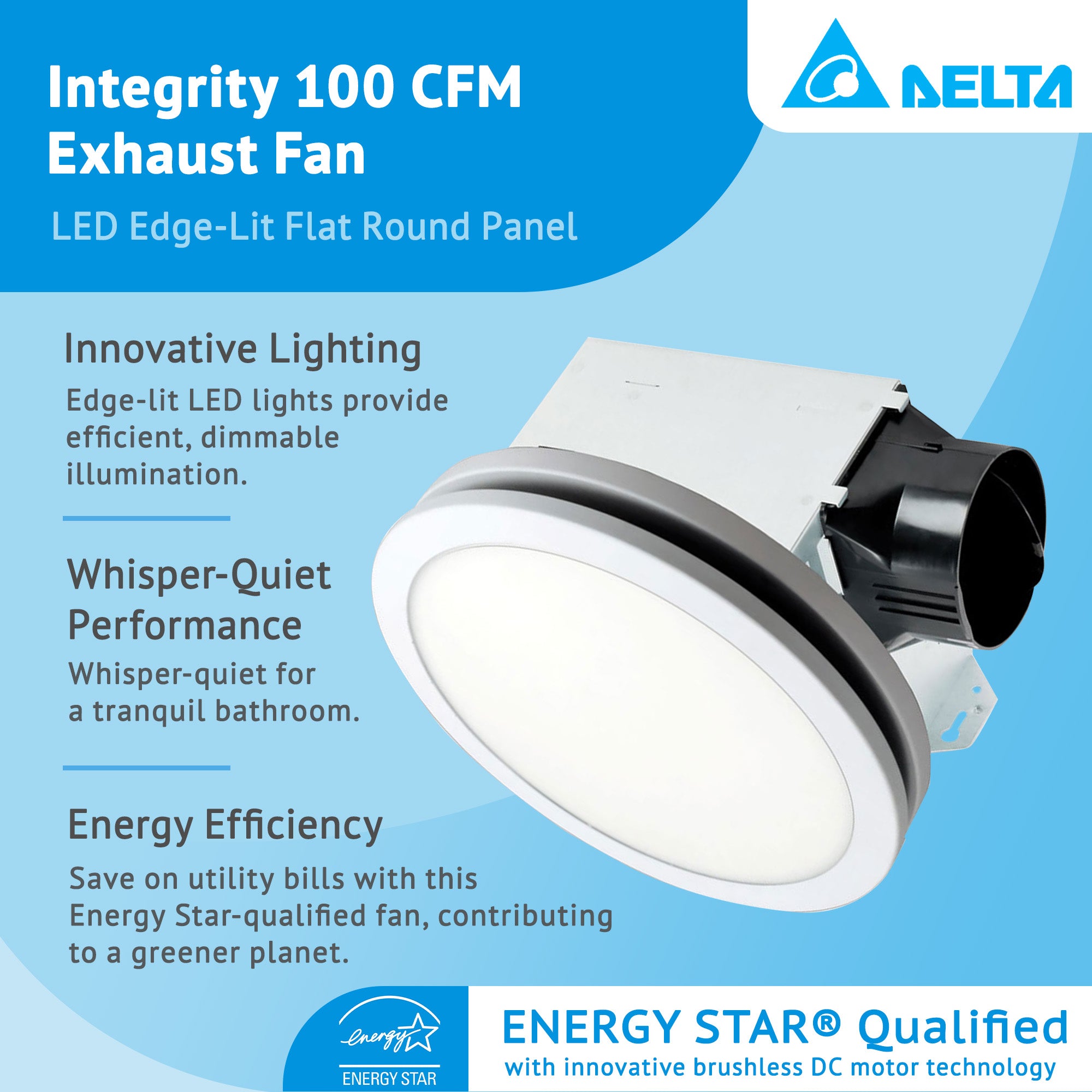 Delta Breez Integrity 100 CFM Exhaust Fan, LED Edge-Lit Panel, White (Open Box) - VMInnovations