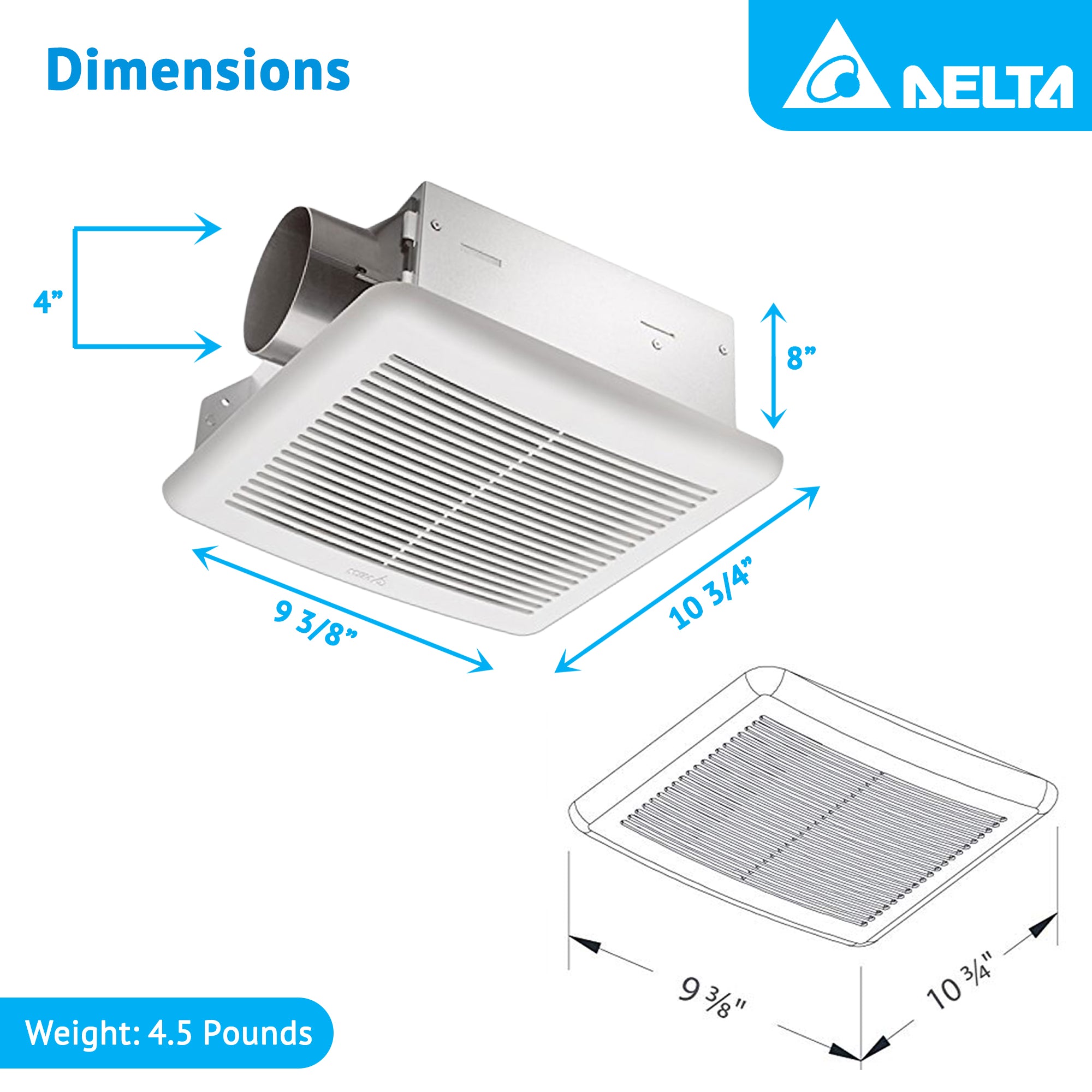 Delta Breez Slim Ventilation Exhaust Bathroom Fan 70 CFM with Dual Speed, White - VMInnovations